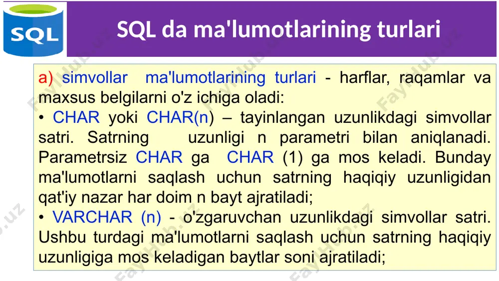 (p, n) turi bilan bir xil. faqat ba'zi bir mbbtlar unga formatlashning maxsus usullarini taqdim etganligi sababli kiritildi; 5 sql da ma'lumotlarining turlari e) sana va vaqt - sana, vaqt va ularning kombinatsiyalarini saqlash uchun ishlatiladi. ko'pgina mbbt lari ikki sana orasidagi intervalni aniqlay oladi, shuningdek sanani ma'lum miqdordagi vaqtga kamaytirish yoki ko'shishni amalga oshiradi: • date - sanani saqlash uchun ma'lumotlar turi; • time - vaqtni saqlash uchun ma'lumotlar turi; • datetime - vaqt momentlarini saqlash uchun ma'lumotlar turi (yil + oy + kun + soat + daqiqa + soniya + soniyalarning qismlari); 6 sql da ma'lumotlarining turlari f) ikkilik ma'lumotlar turlari - har qanday o'lchamdagi ma'lumotlarni (rasmlar, bajariladigan fayllar va boshqalarni) ikkilik kodda saqlashga imkon beradi; ushbu turdagi aniqlanishi turli tizimlarda farq qiladi, ko'pincha kalit so'zlar ishlatiladi: binary, byte, blob. 7 jadvallarni yaratish jadvallar create table buyrug'i bilan yaratilgan. ushbu buyruq bo'sh jadval hosil qiladi. har bir jadvalda …