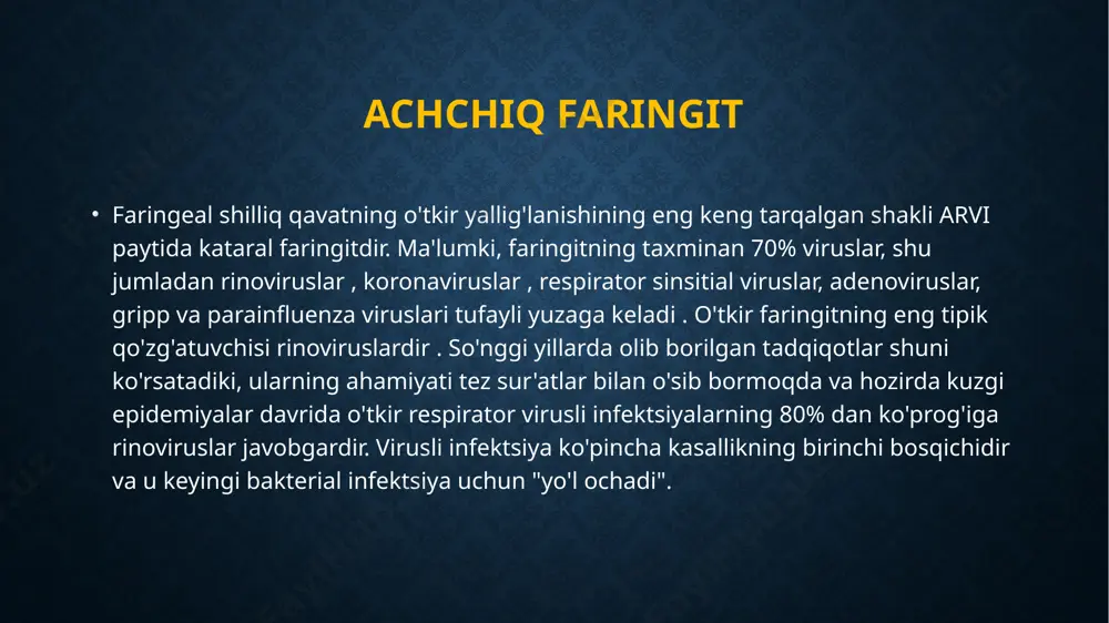 uchun davolash yuqori nafas yo'llarida surunkali infektsiya o'choqlarini sanitariya qilishdan boshlanadi; - gipertrofik shakllar uchun izo- va gipertonik eritmalar bilan yuvish qo'llaniladi. xuddi shu eritmalar nafas olish va faringeal püskürtme uchun ishlatilishi mumkin; - shilliq qavatning shishishini kamaytirish - farenksning orqa devorini kumush nitratning 3-5% eritmasi, kumush oqsilining 3-5% eritmasi, tanin-glitserinning 5-10% eritmasi bilan moylash. farenksning orqa va yon devorlaridagi katta granulalar yordamida samarali tarzda olib tashlanishi mumkin kriyoterapi , lazerli bug'lanish, ultratovushli parchalanish, kumush nitratning konsentrlangan 10-30% eritmasi bilan kauterizatsiya; faringeal shilliq qavat yuzasidan shilliq yiringli oqindi va qobiqlarni olib tashlashni o'z ichiga oladi . buning uchun 200 ml suyuqlik uchun 4-5 tomchi yodning 5% spirtli eritmasi qo'shilishi bilan 0,9-1% natriy xlorid eritmasi bilan yuvishdan foydalaning. dengiz suvi preparatlaridan foydalanish samarali. quruq qobiqlarning ko'pligi bo'lsa, proteolitik fermentlar bilan inhalatsiyalar (kuniga 6-10 marta), so'ngra retinol , tokoferol asetat va askorbin kislotasi bo'lgan o'simlik moylarini inhalatsiyalash amalga oshiriladi . davolashning boshqa …