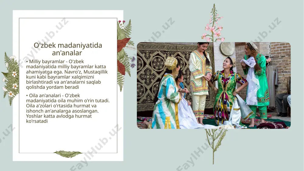 ni yengillashtiradi. • o'z-o'zini baholash - o'z-o'zini baholash qobiliyati talabani o'z kuchli va zaif tomonlarini tan olishga yordam beradi. bu o'rganishda o'z-o'zini rag'batlantirishga yordam beradi. • ijtimoiy interaktivlik - til o'rganish jarayonida ijtimoiy interaktivlik muhimdir. guruhlarda ishlash orqali talabalar bir-birlaridan o'rganish imkoniyatiga ega bo'ladi. mahalliy dialektlar va ularning ahamiyati • mahalliy dialektlarning o'ziga xosligi - mahalliy dialektlar o'ziga xos fonetik, leksik va grammatika xususiyatlariga ega bo'lib, mintaqaviy madaniyatni aks ettiradi • madaniy meros - mahalliy dialektlar xalqning madaniy merosi sifatida o'z tarixini, urf-odatlarini va an'analarni saqlaydi o'zbek tilining grammatik qoidalari • ism va fe’l - o'zbek tilida ism va fe’l muhim rol o'ynaydi. ismlar shaxs, joy yoki narsalarni ifodalaydi. fe’llar esa harakat yoki holatni bildiradi. • sifat va xosiyatlar - sifatlar ismni ta'riflaydi va o'zgaruvchanlik xususiyatiga ega bo'ladi. o'zbek tilida sifatlar ko'plik va kamlik uchun turli qo'shimchalar oladi. • grammatika qoidalari - o'zbek tilining grammatik qoidalari to'plami fe’l zlalarini qanday …