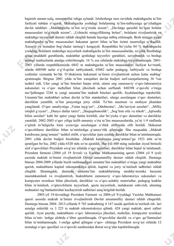“ mavzusida ma’ruza qildi. ma’ruzada oldimizga qo‘ygan buyuk maqsadlarimizni ro‘yobga chiqarish taqdiri, avvalambor, zamon talablariga javob beradigan yuqori malakali, ongli mutaxassis kadrlar tayyorlash muammosi bilan chambarchas bog‘liq ekanligi asoslab berildi va quyidagi vazifalar ilgari surildi: — eski sovet davridan qolgan ta’lim-tarbiya tizimiga xos mafkuraviy qarashlardan, sarqitlardan qutulish; — milliy ta’lim-tarbiya tizimini takomillashtirish, uning milliy zaminini mustahkamlash, jahon andozalari darajasiga ko‘tarish; — uzluksiz ta’lim tizimini tashkil qilish; — ta’lim muassasalarining moddiy bazasini zamon talablari darajasiga ko‘tarish; — bolalarimizga zamonaviy bilim berish, buning uchun, avvalo, o‘qituvchi-murabbiylar bilimining saviyasini ko‘tarish; — zamonaviy o‘quv dasturlari, darsliklar yaratish; — xorijiy tillarni o‘rganish va o‘rgatishga katta ahamiyat berish; — bitiruvchilarni emas, maktab ta’limi va tarbiyasini ko‘rgan shaxslarni tayyorlash; — o‘quvchilarda mustaqil fikr yuritish ko‘nikmalarini hosil qilish, ularni erkin fikrlaydigan etib tarbiyalash; — respublika oliy o‘quv yurtlarining xorijiy davlatlardagi oliy o‘quv yurtlari bilan aloqasini o‘rnatish va mustahkamlash, yoshlarimizni, professor-o‘qituvchilarni taraqqiy topgan davlatlardagi o‘quv markazlariga borib o‘qishini, malakasini …