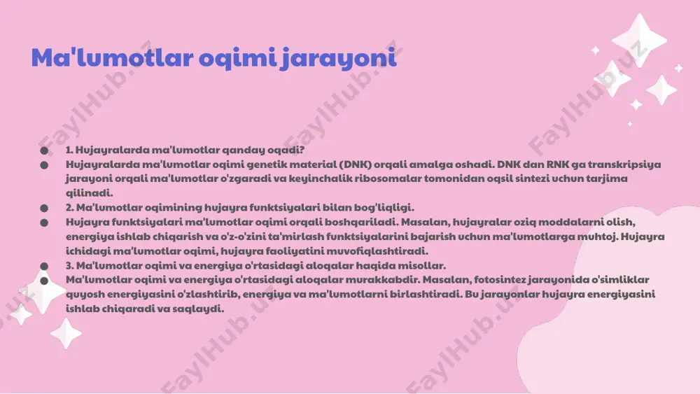 i bilan bog'liq bo'lib, bu ma'lumotlarni saqlash va qayta ishlash jarayonida muhim rol o'ynaydi. masalan, 2023 yilda ma'lumotlar markazlarining energiya iste'moli global elektr energiyasining 2% ni tashkil etdi. energiyaning sifatli ta'minoti ma'lumotlar boshqaruvini samarali amalga oshirish uchun zarur, chunki energiya yetishmasligi tizimlarning qulashiga olib kelishi mumkin. shuning uchun energiya ta'minoti va ma'lumotlar boshqaruvi o'rtasidagi o'zaro bog'liqlikni tushunish muhimdir. katta ma'lumotlar va energiya iste'moli katta ma'lumotlar energiya iste'molini sezilarli darajada oshirishi mumkin. ma'lumotlar oqimi energiya samaradorligini oshirishga yordam beradi, chunki u energiya sarfini optimallashtirish uchun aniq tahlil va prognozlash imkonini beradi. katta ma'lumotlar energiya resurslariga ta'sir ko'rsatadi, bu esa energiya iste'molining barqarorligini ta'minlashga yordam beradi. xulosa hujayra energiyasi hujayralarda energiya quyosh, kimyoviy va mexanik manbalardan olinadi. ma'lumotlar oqimi hujayralarda ma'lumotlar oqimi genetik material orqali boshqariladi. o'zaro ta'sirlar energiya va ma'lumotlar o'rtasidagi o'zaro ta'sir hujayra funktsiyalarini ta'sir qiladi. e'tiboringiz uchun rahmat! image1.png image2.png image3.png image4.png image5.png image6.png image15.png image7.png image8.png image9.png image10.png …