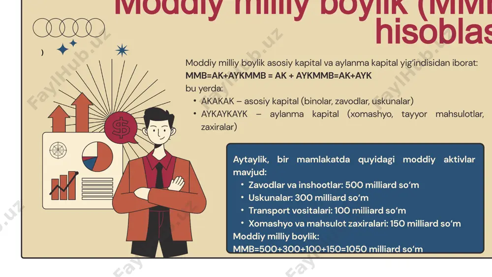 23 yilda $5 milliard dollar to'qimachilik 2023 yilda eksport $3 milliard dollar mashinasozlik o'zbekistonning sanoat salohiyatining muhim qismi o'zbekiston sanoati energetika, kimyo, to'qimachilik va mashinasozlik kabi tarmoqlarni o'z ichiga oladi. ushbu tarmoqlarning rivojlanishi mamlakat iqtisodiyotini diversifikatsiya qilishga yordam beradi. sanoat ishlab chiqarish hajmining o'sishi yangi ish o'rinlarini yaratishga va aholi farovonligini oshirishga xizmat qiladi. 13 madaniy meros statistikasi tarixiy obidalar 7400 dan ortiq yunesko merosi 5 ta obida turizm hissasi yaimning 6% o'sish sur'ati har yili 15% o'zbekiston boy madaniy merosga ega. tarixiy obidalar va yunesko ro'yxatiga kiritilgan obidalar mamlakatning turizm salohiyatini oshiradi. turizm sohasining iqtisodiy o'sishga qo'shgan hissasi muhim ahamiyatga ega. turistlar sonining o'sishi mamlakat iqtisodiyotini rivojlantirishga yordam beradi. 14 inson kapitali statistikasi 1 2 3 4 o'zbekiston aholisi 36 milliondan ortiq. o'rta ta'lim darajasi yuqori. oliy ta'lim muassasalarining soni ortib bormoqda. it sohasida ish bilan ta'minlanganlar soni ham sezilarli darajada oshgan. inson kapitali mamlakatning kelajakdagi rivojlanishi uchun muhim …