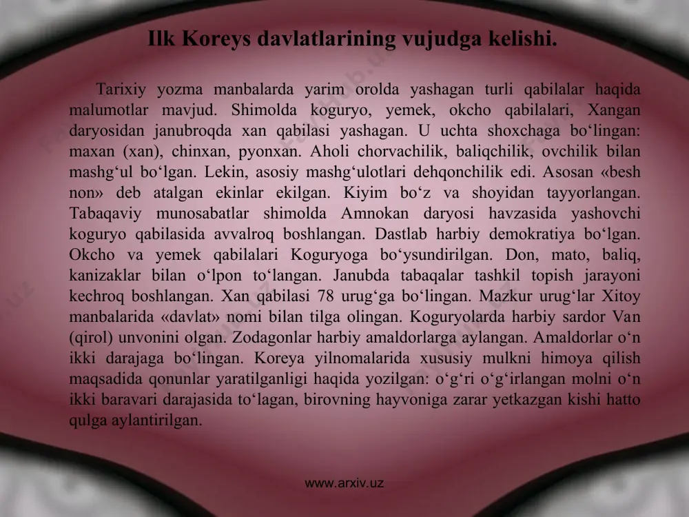 maktablarida tayyorlangan. feodal tuzum shaklanuvida muhim rol o‘ynagan buddaviylik ham xitoydan kirib kelgan. koguryoda dastlabki budda rohiblari 372 yili paydo bo‘lganlar. pxenyan yaqinida ikkita budda monastri qurilgan. 384 yili pekje vani iltimosiga binoan janubiy xitoydan rohiblar kelishgan. ularga katta yerlar in'om etilgan. silla davlatiga koguryodan kirib kelgan buddaviylik vi asr birinchi yarmida keng tarqalgan. sillada ham ma'muriy bo‘linish xitoydagi kabi bo‘lgan. boshliqlar poytaxtdan tayinlangan. davlat poytaxti kimson yirik shaharga aylangan. katta yo‘llar va suv orqali doimiy pochta xizmati mavjud bo‘lgan. www.arxiv.uz www.arxiv.uz koreys davlatlari o‘rtasidagi kurash, ularning xitoy va yaponiya bilan munosabatlari va urushlari. koguryo bir necha marta xitoy hujumiga duchor bo‘lgan. 245 yili xitoyda uch podsholik davrida shimoliy vey qo‘shinlari koguryo poytaxtini egallaganlar. hukmdor o‘ziga tobe okcho qabilasi yeriga qochib ketgan. ularning yordamida xanlar mamlakatdan quvilgan. iv asrda koguryoga shimoliy xitoyda yan davlatini tuzgan syanbilar hujum qilgan. 342 yili poytaxt egallangach van kogukvon qochib ketgan. syanbilar hukmdori muyun xvan …