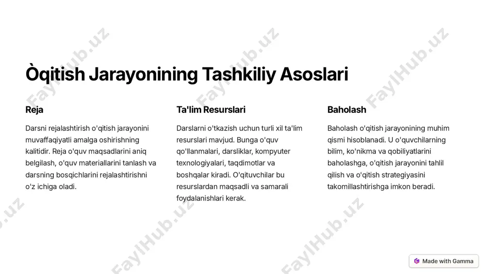m_source=made-with-gamma dars turlari va ularning xususiyatlari ma'ruza òqituvchi asosiy mavzuni bayon qiladi, o'quvchilar eshitadi va qayd qiladi. bu turdagi darsda faollik past, ammo o'quvchilarga keng qamrovli ma'lumot berishga yordam beradi. munozara òquvchilar mavzuni muhokama qiladi, o'z fikrlarini ifoda etadi, argumentlar keltiradi. bu turdagi darsda faollik yuqori, muammoli vaziyatlarni hal qilishga yordam beradi. amaliy òquvchilar nazariy bilimlarni amaliyotda qo'llaydi, ko'nikmalarni oshiradi. bu turdagi darsda faollik yuqori, o'quvchilarning o'zlashtirish darajasini oshiradi. https://gamma.app/?utm_source=made-with-gamma dars tiplarini tanlash mezonlari maqsadlar òqituvchi o'qitishning maqsadi, o'quvchilarga nimani o'rgatishni xohlayotganini aniqlashi kerak. vaqt darsga ajratilgan vaqt o'qitishning uslubini va dars turini tanlashda muhim omil hisoblanadi. òquvchilar òquvchilarning yoshi, bilim darajasi va ehtiyojlari dars turini tanlashga ta'sir qiladi. https://gamma.app/?utm_source=made-with-gamma darsda foydalaniladigan metodlar 1 savol-javob o'qituvchilar o'quvchilarga savollar berishadi va ularning javoblarini tinglashadi. bu metod o'quvchilarning faolligini oshiradi, ularni o'ylashga va muammoli vaziyatlarni hal qilishga o'rgatadi. 2 topshiriq o'qituvchilar o'quvchilarga turli xil topshiriqlar berishadi. bu topshiriqlar o'quvchilarning nazariy bilimlarni amaliyotda …