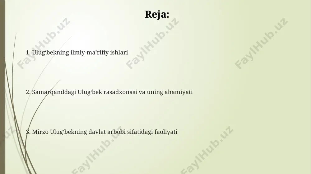 ugʻbekning samarqanddagi rasadxonasi 1420-yilda qurilgan boʻlib, diametri 46 metr boʻlgan ulkan astrolyabiy asboblar majmuasini oʻz ichiga olganligi haqida afsonalar mavjud. ulugʻbek davridagi siyosiy vaziyat ulugʻbekning oʻgʻli abdullatif bilan boʻlgan kuch uchun kurashi va keyinchalik uning oʻldirilishi, ulugʻbek davlatining zaiflashishi va tezkir parchalanishiga sabab boʻldi. ulugʻbekning hukmronligi davrida, timuridlar imperiyasining katta qismi uning nazorati ostida boʻlib, markazlashgan davlat boshqaruvi amalga oshirildi, biroq viloyatlarga muayyan darajada avtonomiya berildi. ulugʻbek davrida movarounnahrda 14-asr oxiri va 15-asr boshlarida yuz bergan siyosiy beqarorlikdan keyin nisbatan tinchlik va barqarorlik hukm surdi, bu esa ilmiy va madaniy taraqqiyotga imkon yaratdi. ulugʻbekning matematikaga qoʻshgan hissasi ulugʻbekning “ziji-i sultoniy” asari trigonometrik jadvallarning aniqligi bilan mashhur boʻlib, unda 90 darajagacha boʻlgan burchaklar uchun sinus, kosinus va tangens qiymatlari yuqori aniqlikda hisoblangan. ulugʻbek oʻz davrining eng yaxshi matematik va astronomlarini yigʻib, π sonini hisoblashda yangi usullarni ishlab chiqishga hissa qoʻshgan va taxminiy qiymatini aniqlashga erishgan. uning rahbarligi ostida yaratilgan “ziji-i sultoniy”da …