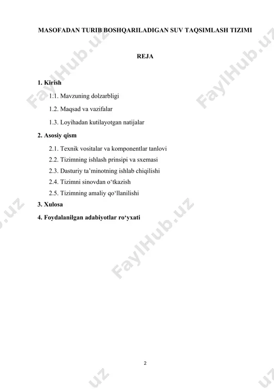 ni avtomatik ravishda boshqarish tizimlari nafaqat qishloq xo‘jaligi ishlab chiqarish jarayonlarini optimallashtirishda, balki suv resurslarini tejashda ham katta ahamiyatga ega. mazkur loyiha doirasida arduino mikrokontrolleri, tuproq namlik datchigi va suv nasosidan foydalanib, ekologik va iqtisodiy jihatdan samarali, shu bilan birga, texnik jihatdan ishonchli bo‘lgan boshqaruv tizimini yaratish nazarda tutiladi. ushbu loyiha, ayniqsa, kichik fermer xo‘jaliklari va individual tomorqa yer egalari uchun amaliy ahamiyatga ega bo‘lib, inson mehnatini yengillashtirish va suvni tejash imkonini beradi. ushbu kurs ishining asosiy maqsadi — arduino platformasi asosida tuproq namlik darajasini o‘lchaydigan va suv nasosini avtomatik boshqaradigan tizimni loyihalash va uni sinovdan o‘tkazishdir. mazkur maqsadga erishish uchun quyidagi vazifalar bajariladi: - tuproq namlik darajasini o‘lchash uchun zarur bo‘lgan texnik vositalarni tanlash va o‘rganish. - arduino mikrokontrolleriga asoslangan boshqaruv tizimini ishlab chiqish. - tuproq namligi bo‘yicha olinadigan ma’lumotlarga asoslangan avtomatik boshqaruv algoritmini dasturlash. - suv nasosining ishonchli va samarali ishlashini ta’minlash uchun texnik sharoitlarni yaratish. - tizimni …