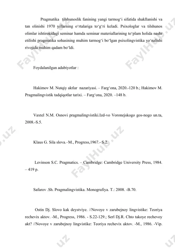 s, 1986. - s.22-129.; serl dj.r. chto takoye rechevoy akt? //novoye v zarubejnoy lingvistike: teoriya rechevix aktov. -m., 1986. -vip. xvii. - s.151-169.; buligina t.v. o granitsax i soderjanii pragmatiki. //an sssr sov.lit. i yazik. 1981. -№4. - s.340-341.; buligina t.v , shmelev a.d.yazikovaya konseptualizatsiya mira.-m.:yaziki slavyanskoy kulturi. 1997. 576 s.; vejbitska a. rechevie akti. //novoye v zarubejnoy lingvistike. lingvisticheskaya pragmatika. -m., 1985. -vip. xvi.- s.251-275., vejbitska a .semanticheskiye universalii i opisaniye yazikov. m.:izd.vo.yaziki slavyanskoy kulturi.1999.-780 s.,vejbitska a. russkiy yazik.-m.:russkiye slovari, 1996.-s. 33-88.; shokirova x. oʻzbek tilida kesimlik kategoriyasi: shaxs aktanti va uning nutqiy voqelanishi. filol.fan. nomz. diss. – toshkent, 2019. – 127 b. shokirova x. tilning lingvosemiotik strukturasi (semantik-sigmatik, sintaktik-pragmatik aspekt asosida). filol.fan. doktori diss. – fargʻona, 2022. – 240 b. shokirova x. savodxonlik asoslari.– fargʻona, classic. 2023.– 174 b. shokirova x. oʻzbek tilining sohada qoʻllanishi. – fargʻona, poligraf super servis. 2023. – 268 b. shokirova x. mazmuniy sintaksis. …