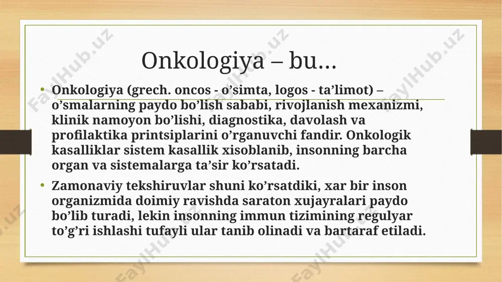 shi isbotlangan. xeyflika boʼlinish limitining yoʼqligi; (1961 yil xeyflik inson organizmi xujayralari kulturada oʼstirilganda 50 boʼlinishdan soʼng nobud boʼlishi va bu chegaraga yetishida qarish belgilarini nomoyon qilishini isbotlagan). oʼsma toʼqimasida keylonlar sintezining kamayishi (etuk xujayralar tomonidan ishlab chiqarilib, proliferatsiyalaniuvchi xujayralarda mitotik aktivlikni spetsifik pasaytirishi anqlangan) va oʼsma xujayralarining bu moddalarga sezgirligining kamayishi; xavfli oʼsmalarning biologik xususiyatlari 2. tuzilish - kimyoviy tuzilishning soddalishishi (atipizm, anaplaziya), yaʼni oʼsma toʼqimasining differentsirovkasining pasayishi, xususiyatlari embrional toʼqimaga yaqinlashishi («embrionalizatsiya» xolati) – xavfli oʼsmaning xususiyatlaridan biridir. 3. oʼzgarishlarning nasl surishi — oʼsma xujayrasi transformatsiya natijasidagi genetik oʼzgarishlarini oʼzining avlodlariga, yaʼni oʼzining klonlariga oʼtkazishi. 4. invaziv (infiltrativ) va destruktiv oʼsishi - oʼsma xujayralari atrof toʼqimalarga, ularni yemirib oʼsib kirishi. 5. metastazlanish, yaʼni birlamchi oʼsmadan uzoqlashgan organ va toʼqimalarda oʼsma oʼchoqlarining xosil boʼlishi. metastazlanish yoʼliga koʼra quyidagilarga boʼlinadi: limfogen – limfatik tomirlar orqali limfatik tugunlarga tarqalishi, epiteliy toʼqimasidan oʼsgan oʼsmalarga xos (kartsinoma); limfatugunlar asosan oʼsmaga yaqin boʼlgan tartibdan …