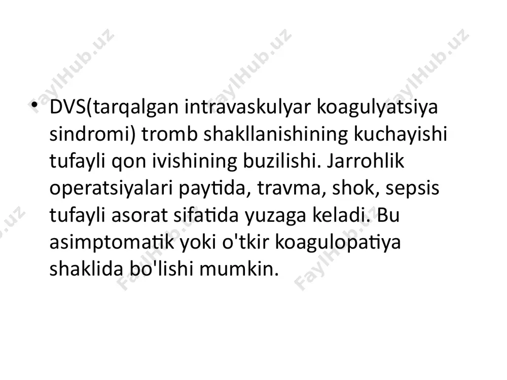 .‌‌ diagnostika tashxis qo'yishda klinik ko'rinish muhim rol o'ynaydi. ichki organlarning jiddiy shikastlanishi bilan tashxis aniq. ammo subakut va surunkali shakllarda alomatlar unchalik yorqin emas. klinik ko'rinishga qo'shimcha ravishda, klinik tadqiqotlar ma'lumotlari tashxis qo'yish uchun muhimdir: umumiy qon tekshiruvi; umumiy siydik tahlili; koagulogrammalar (qon ivish testi); qon smetasini tahlil qilish; ferment immunoassay (mumkin bo'lgan infektsiyalarni qidirish). ichki organlar ham zarar ko'rish uchun tekshiriladi. davolash dicni bostirish uchun birinchi navbatda uni keltirib chiqargan sababdan xalos bo'lishingiz kerak. dicni davolash uchun quyidagilar qo'llaniladi: antikoagulyantlar va antiplatelet agentlari (qon pıhtılarına qarshi kurashish uchun); qon quyish; plazmafarez; keng spektrli antienzimlar (qon ketishni to'xtatish uchun). oldini olish profilaktik choralar xavf guruhlarini aniqlash bilan bog'liq (antitrombin iii darajasi past bo'lgan odamlar, eritrotsitoz). xavf guruhiga surunkali kasalliklar (qandli diabet, pielonefrit va boshqalar), qariyalar va boshqalar kiradi. dicni davolashda muvaffaqiyatli natija butunlay tibbiyot xodimlari va shifokorlarning tajribasiga, shuningdek ularning reaktsiya tezligiga bog'liq. esda tutingki, faqat malakali mutaxassislar dic …