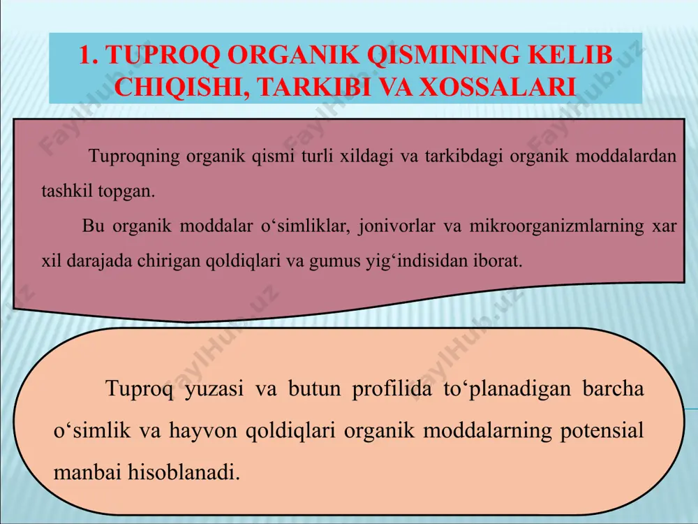 juda mustahkam birikkan holatdadir. tuproq gumusi tarkibi синга * 1) gumin kislotaning elementar tarkibi: c – 50-62 %, h – 2,8-6,6 %, o – 31-40 %, n – 3-6 %. 2) fulvokislotaning tarkibi: c – 41-46 %, h – 4-5 %, o – 40-48 %, n – 2-4 %. tuproqdagi gumus miqdoriga ko‘ra barcha tuproqlar shartli ravishda quyidagi guruhlarga bo‘linadi: 1. gumussiz - 30 %. синга * tuproq tipi 0-20 sm qatlamda, t/ga 0-100 sm qatlamda t/ga maksimalga nisbatan, % podzol 53 99 13 o’rmon-dasht podzollashgan tuproqlar 109 215 30 qora tuproqlar а) ishqorsizlangan 192 549 70 b) tipik 224 709 100 v) oddiy 137 426 60 to’q tusli kashtan 99 229 32 bo’z 37 82 11 tuproqning o‘simliklarni o‘sishi va rivojlanishi uchun zarur suv, oziq elementlari va boshqa barcha shart–sharoitlar bilan ta’minlay olish qobiliyatiga tuproq unumdorligi deyiladi. tuproq unumdorligining elementlari (omillari) va shart-sharoitlari ajratiladi. tuproq unumdorligi elementlariga oziq moddalarning …