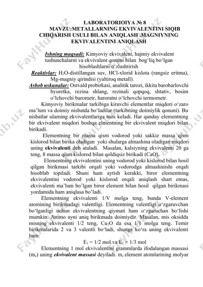 metallarning ekvivalentini siqib chiqarish usuli bilan aniqlash — DOCX