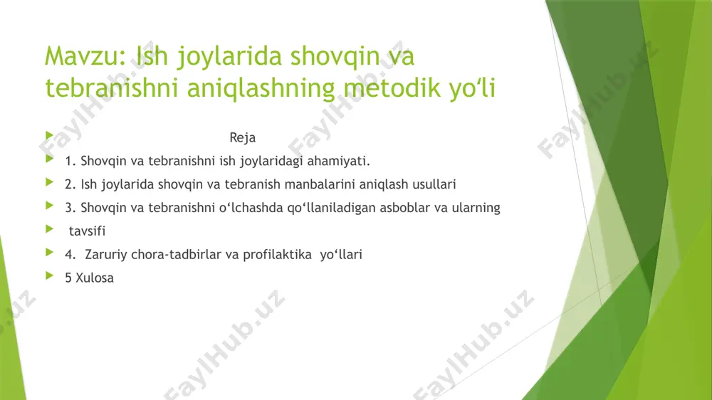 oshiradi va xatoliklar ehtimolini ko‘paytiradi. ijobiy (nazorat qilinadigan) ahamiyati a) ish muhitining baholovchisi sifatida shovqin darajasini aniqlash orqali ish joyidagi xavflilik darajasi aniqlanadi. bu orqali mehnat sharoitlarini to‘g‘rilash, himoya vositalarini tanlash, ish vaqtini cheklash mumkin. muhitining psixologik holatiga ta’siri doimiy shovqin ruhiy zo‘riqish, stress va hatto ruhiy tushkunlikka olib keladi. shovqin oʻlchagich - tovush (shovqin)ning balandpastligi (qattiqligi) ni oʻlchash uchun moʻljallangan asbob. mikrofon, kuchaytirgich, filtrlar va milli asbob — indikatorda iborat. shovqin oʻlchagich ning umumiy sxemasi, uning xususiyatlari odam qulogʻi xususiyatlariga yakin qilib tanlanadi. zamonaviy shovqin oʻlchagich quvvatni ichiga joylashtirilgan batareyalardan oladi. shovqin oʻlchagichning mikrofoni, elektron sxemasi va indikatori tra, namlik, bosim oʻzgarishlariga nisbatan turgʻun boʻlishi kerak. shovqin oʻlchovchi asbob - shumometr. 1. ko‘rik (vizual) usuli ish jarayonida tovush chiqaradigan yoki tebranishga sabab bo‘ladigan asbob-uskunalarni vizual tarzda kuzatish orqali aniqlash. masalan: kompressorlar, generatorlar, press mashinalar. 2. akustik o‘lchov usullari maxsus asboblar (shovqin o‘lchagichlar – dezibelmetrlar) yordamida ish joyidagi shovqin darajasi …