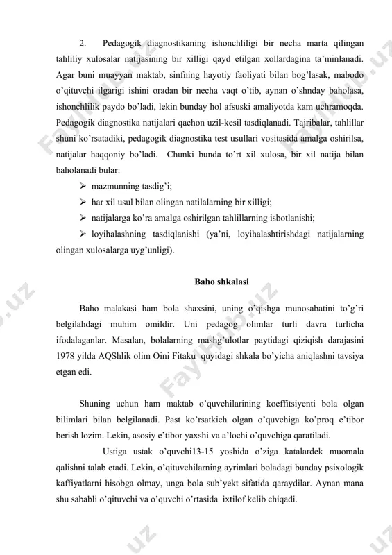 yon mavjud. agar diagnostikaning kuzatish usulida bolaning axloqiy-ma’naviy tamoyillari, qiziqishi, munosabati, fikrlash doirasi o’rganilgan bo’lsa, suhbat. savol-javob ko’proq axborot to’plash imkoniyatini beradi. bunda u yoki bu shaxs to’g’risida ob’yektiv yoki sub’yektiv ma’lumot olish imkoniyati mavjud. axborot – og’zaki, yozma, standartlashtirilgan, yakka, guruhlarga bo’lingan hoilda bir yoki bir necha bor so’rash asosida to’planadi. pedagogik diagnostikaning test metodi odatda tekshiruvchi tomonidan amalga oshirilgan barcha nazorat shakl va uslublari ham testga kiradi. nazoratning test uslubi ilmiy asoslarga qurilgan bo’lib, u ma’lum talab, qonun-qoidalar zaminida olib boriladi. test asosan psixolog olimlar tomonidan ishlab chiqilgan va amaliyotga tavsiya etilgandir. test pedagogik diagnostika metodlari orasida eng qulay hisoblanib, u bir jihatdan sifatli ma’lumot berishi bilan ajralib turadi. test sinova mutzam takomillashib boradi. unga turlibosqichlarda turlicha ta’rif berib kelingan. masalan, nemis oilimi liner “test shaxsning turli xolatlarini, shaxsiy xususiyat, imkoniya va qobiliyatini aniqlovchi ilmiy metoddir” deb ta’riflaydi. test usuli chinakamiga pedagogik diagnostika metodi bo’lib, u o’quv jarayonining …