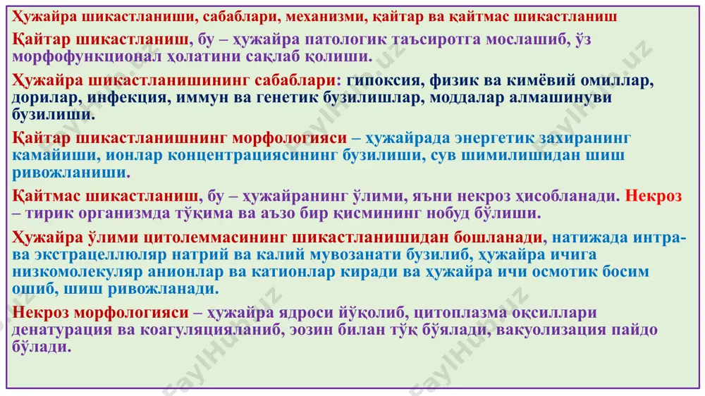 larning hujayra ichida to'planishi deyarlik barcha hujayralarda yog'lar:triglitseridlar, xolesterin va xolesterin efirlari va fosfolipidlar. parenximatoz yog'li distrofiya bu – parenximatoz hujayralar tsitoplazmasida triglitseridlarning meyordan ko'p to'planishidir. ko'pincha jigar, miokard, buyrakda uchraydi. yog'li distrofiyaning sabablari: zaxarlanishlar, oqsillar etishmasligi, umumiy semirish va gipoksiya. gepatotsitlarda apoprotein etishmasa triglitseridlar lipoproteidlarga aylanmasdan to'planadi va yog'li distrofiyaga olib keladi. hujayra qarishi bu –genetik anomaliyalar, hamda tashqi ta'sirotlar oqibatida shikastlanishlarning to'planishi natijasida hujayrada xayot faoliyati susayishining kuchayib borishi image1.png image2.png image3.jpg image4.jpg image5.jpg /docprops/thumbnail.jpeg