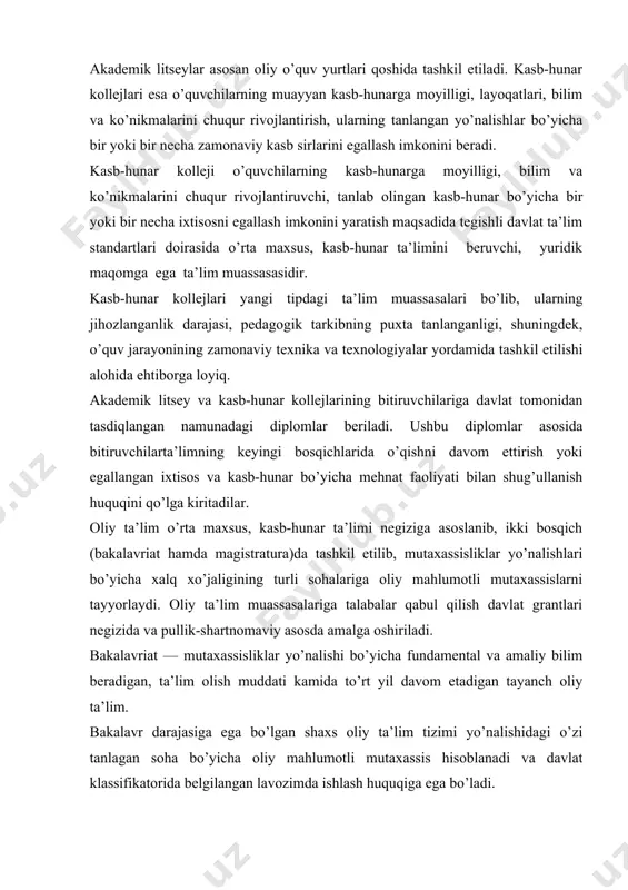 yil davom etadigan tayanch oliy ta’lim. bakalavr darajasiga ega bo’lgan shaxs oliy ta’lim tizimi yo’nalishidagi o’zi tanlagan soha bo’yicha oliy mahlumotli mutaxassis hisoblanadi va davlat klassifikatorida belgilangan lavozimda ishlash huquqiga ega bo’ladi. magistratura aniq mutaxassislik bo’yicha fundamental va amaliy bilim beradigan, bakalavriat negizida ta’lim muddati kamida ikki yil davom etadigan oliy ta’lim boiib, magistraturadagi tahsil yakuniy klassifikatsion davlat attestatsiyasiga muvofiq olib boriladi. magistr bakalavr darajasidagi mutaxassisdan farqli mahlum ixtisoslik bo’yicha ta’lim olgan yuqori malakali mutaxassis hisoblanib, u ilm-fan sohasida, ishlab chiqarishning mashuliyatli lavozimlarida faoliyat ko’rsatadi. u aspiranturaga kirish huquqiga ega. o’zbekiston respublikasida quyidagi turdagi oliy ta’lim muassasalari faoliyat ko’rsatadi: oliv o’quv yurtidan keyingi ta’lim iamivatning oliy malakali ilmiy va ilmiy pedagog kadrlarga bo’lgan ehtiyojlarini qondirish, shaxsning ijodiy ta’lim — kasb-hunar manfaatlarini qanoatlantirishga qaratilib, oliy o’quv yurtlari va ilmiy-tadqiqot muassasalarida aspirantura, adhyunktura va doktoranturada ta’lim olish, shuningdek, mustaqil tadqiqotchilik faoliyatini tashkil etish asosida amalga oshiriladi. oliy o’quv yurtidan keyingi ta’lim nomzodlik …