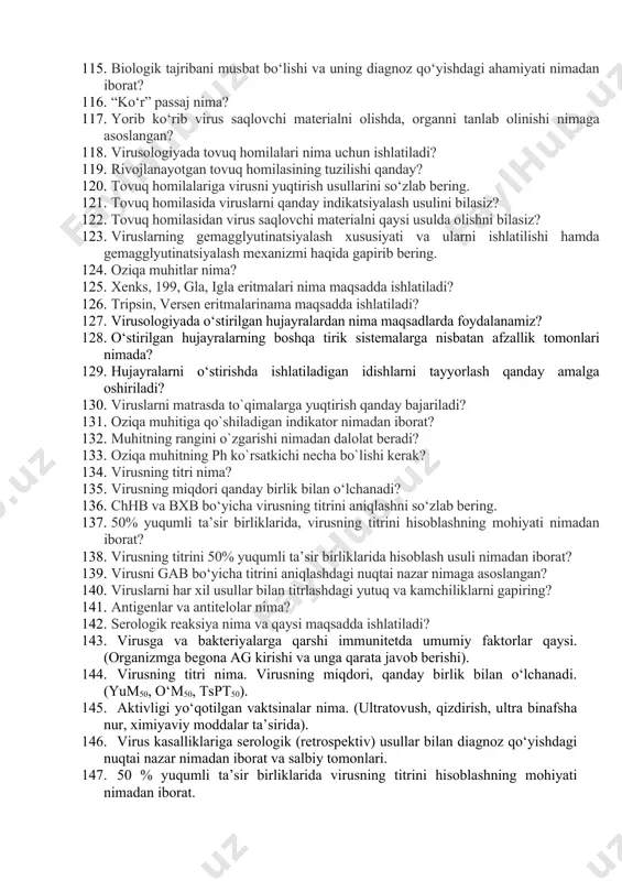 iya hayvonlarini boqish uchun qanday ratsion talab etiladi? 0. laboratoriya hayvonlarini ishlatishdan asosiy maqsad nimadan iborat? 0. laboratoriya hayvonlarini belgilashda qaysi bo`yoq va eritmalardan foydalaniladi? 0. laboratoriya hayvonlariga virusni yuqtirishda asosan nimaga e`tabor beriladi? 0. laboratoriya hayvonlariga virusni yuqtirish usullarini ta`riflang. 0. tajribadagi laboratoriya hayvonlarini barcha usullar bilan fiksatsiya qilish va virusni yuqtirish usullarni o‘rganish. 0. oq sichqonlarni terisini ichiga ektromeliya virusini va quyonlarga ospavaksina virusini yuqtirish. 0. virus yuqtirilgan hayvonlarda kasallikning simptomini aniqlash. 0. patologoanatomik o‘zgarishlarni ko‘rish va virus saqlovchi material olish uchun virus yuqtirilgan hayvonlarni yorib ko‘rish. 0. miyadan tamg‘a tayyorlash. 0. laboratoriya hayvonlarining turlari va ularni virusologiya laboratoriyalarida ishlatishdan maqsad nima? 0. laboratoriya hayvonlariga tajriba uchun ko‘p qo‘llaniladigan yuqtirish usullaridan qaysilarini bilasiz? 0. laboratoriya hayvonlarining organizmida viruslarni ko‘payish belgilari qanday bo‘ladi? 0. biologik tajribani musbat bo‘lishi va uning diagnoz qo‘yishdagi ahamiyati nimadan iborat? 0. “ko‘r” passaj nima? 0. yorib ko‘rib virus saqlovchi materialni olishda, organni tanlab olinishi …