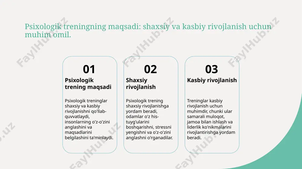 ni o'rganishga imkon beradi. o'zbek madaniyatida psixologik treninglar o'ziga xos elementlarni o'z ichiga oladi, masalan, milliy qadriyatlar va urf-odatlar, bu esa jarayonni boyitadi. o'zbek psixologik treninglarida an'anaviy usullar va ularning ta'siri. an'anaviy usullar o'zbek psixologik treninglarida an'anaviy usullar sifatida xalq tabobati, hikoyalar va o'zaro muloqot ko'nikmalari ishlatiladi, bu esa ishtirokchilarga chuqur ta'sir ko'rsatadi. ta'sirchanlik an'anaviy usullar ishtirokchilarni o'z ichki dunyosini tushunishga yordam beradi, ularning hissiy holatini yaxshilaydi va ijtimoiy munosabatlarini rivojlantiradi. zamonaviy yondashuv an'anaviy usullar zamonaviy psixologik yondashuvlar bilan birgalikda qo'llanilsa, yanada samarali natijalar beradi, bu esa o'zbek madaniyatining o'ziga xosligini ta'kidlaydi. o'zbek madaniyatida psixologik treningning o'rni va ahamiyati. 1 o'zbek madaniyatida ahamiyati o'zbek madaniyatida psixologik treninglar, an'anaviy qadriyatlarni uyg'unlashtirib, shaxsiy va ijtimoiy rivojlanishda muhim rol o'ynaydi. 2 an'anaviy yondashuvlar o'zbek psixologik treninglarida an'anaviy usullar, masalan, hikoya va maqollar orqali psixologik tushunchalarni etkazish, o'ziga xos ahamiyatga ega. 3 zamonaviy integratsiya hozirgi kunda o'zbek psixologik treninglari, zamonaviy psixologiya asoslari bilan an'anaviy …