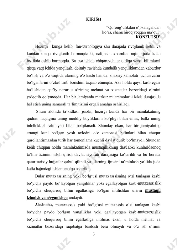 angiliklar yoki egallayotgan kasb-mutaxassislik bo‘yicha chuqurroq bilim egallashga intilmas ekan, u holda mehnat va xizmatlar bozoridagi raqobatga bardosh bera olmaydi va o‘z ish o‘rnini 4 yo‘qotadi. shuning uchun ham ta’lim oluvchilarda mustaqil ta’lim olish malaka va ko‘nikmalarini shakllantirish bugungi kun ta’lim tizimi oldidagi dolzarb muammolardan biridir. umuman, hozirgi kunda mustaqil ta’lim olishga bo‘lgan zarurat asosan quyidagilardan iborat:  shaxsning mustaqil bo‘lishga va mustaqil fikrlashini o‘stirishga bo‘lgan intilishlari;  muntazam ravishda o‘z bilimlarini takomillashtirib borishga bo‘lgan intilishlari;  o‘z mehnat faoliyatini mustaqil rejalashtirish, monitoring qilish, baholash va jamoa bo‘lib ishlashga bo‘lgan ehtiyojlar;  zamon bilan hamnafas bo‘lgan holda o‘z mehnat faoliyatini tashkil etishga bo‘lgan ehtiyoji;  bozor sharoitida mehnat va xizmatlar bozoridagi raqobatga dosh bergan holda o‘z o‘rnini topishga bo‘lgan intilishlari va h.k. bularga erishishda asosiy e’tiborni nimalarga qaritish maqsadga muvofiq? ko‘p yillik pedagogik faoliyat va ilmiy izlanishlar natijasi shuni ko‘rsatadiki, yuqoridagi muammoni hal etishda har bir fan professor- o‘qituvchisi yoki …