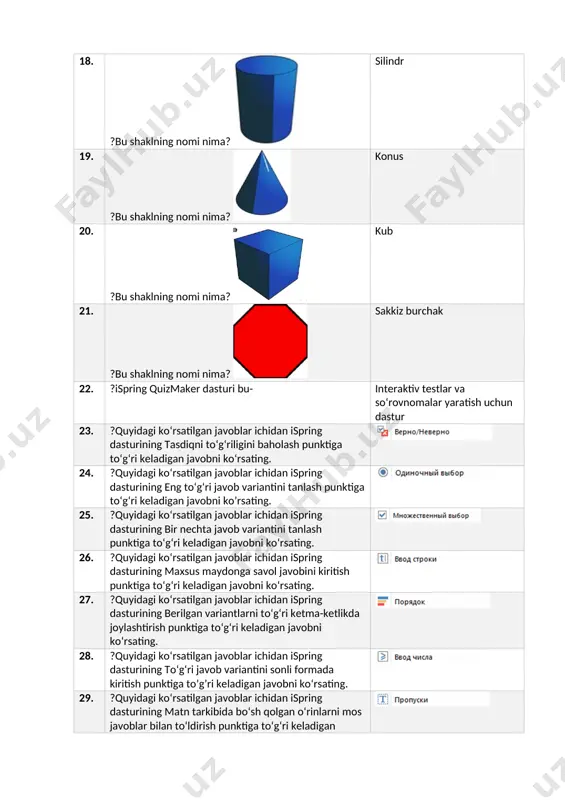 i bajaradi? har bir guruh savollariga alohida baho berish 40. ?ispring quizmaker 8 dasturidagi «просмотр вопроса» qanday amalni bajaradi? tayyorlangan maketni ko‘rib chiqadi 41. ?quizmaker 8 dasturida «плеер» nima vazifani bajaradi ? kiritilgan test topshiriqlarini bajarish oynasi 42. ?quizmaker dasturida: «публикация/publish» qanday vazifani bajaradi ? chop qilish, ya’ni tayyor bo‘lgan test topshiriqlari dasturini tayyor holga keltirish 43. ?quizmaker dasturida: «публикация/publish» tanlanganda qanday formatda saqlaydi? .quiz 44. ? quizmaker dasturida: «публикация/publish» qilingandan so’ng qaysi tugma bilan joriy testni ishga tushirish mumkin bo’ladi? запускать в ispring viewer 45. ?ispring quiz maker dasturida test yaratishni o‘rgatuvchi video qo‘llanmasiga to‘g‘ri yo‘lni ko‘rsating? справка → видеоуроки 46. ?ispring quiz maker dasturi qaysi menyu orqali aktivatsiya qilinadi? справка → о программе 47. ?ispring dasturi qaysi to’g’ri yo’l bilan yangilanadi? справка → обновления 48. ? ispring dasturinining quyidagilardan qaysi biri rasmiy veb-sayti hisoblanadi? www.ispring.ru 49. ?ispring dasturida quizproperties oynasida qanday xususiyatlari mavjud? test sozlamalari 50. ?ispring dasturida …