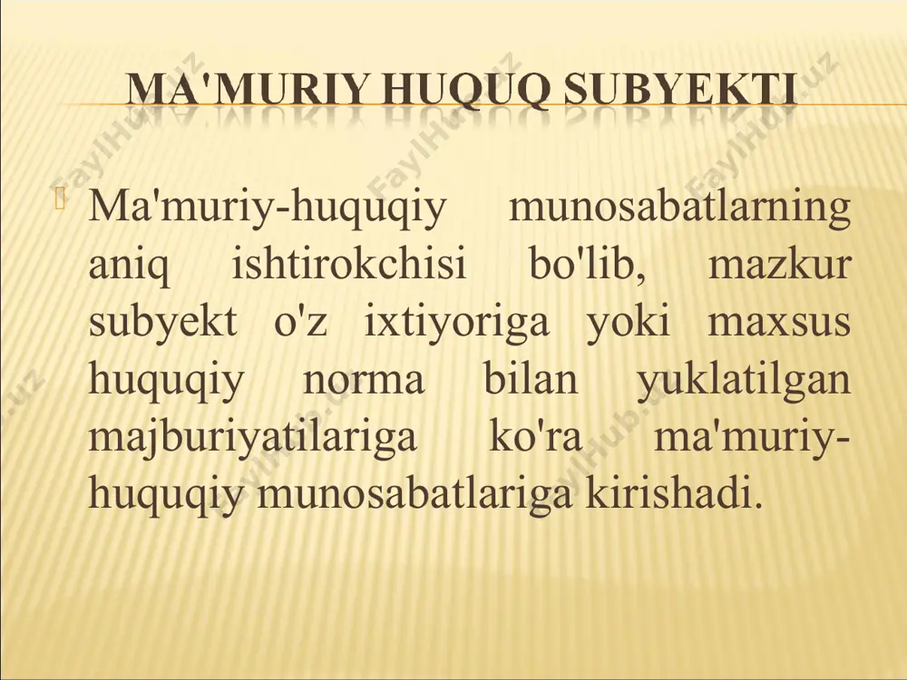 mladan davlat-aktsiyadorlik kompaniyalari uyushmalar. ijro hokimiyati organlari o'zbekiston respublikasining «o'zbekiston respublikasi vazirlar mahkamasi to'g'risida» gi qonuni – yangi tahrirda (2019 yil 10 dekabr`,o'rq-591-son) o'zbekiston respublikasining «mahalliy davlat hokimiyati to'g'risida»gi qonuni (1993 yil 2 sentyabr`, 913-xii-son) vazirlar mahkamasi — o'zbekiston respublikasi hukumati ijro etuvchi hokimiyatning oliy organi. vazirlar mahkamasi o'zbekiston respublikasida ijro etuvchi hokimiyatning yagona tizimiga rahbarlik qiladigan kollegial organdir. (vm to'g' qonun 3-m) viloyat, tuman, shahar hokimi viloyat, tuman va shaharning oliy mansabdor shaxsi bo'lib, ayni bir vaqtda tegishli hududdagi vakillik va ijroiya hokimiyatini boshqaradi. viloyat hokimi, toshkent shahar hokimi o'zbekiston respublikasi prezidenti va tegishli xalq deputatlari kengashi oldida hisobdordirlar. tuman, shahar hokimi yuqori turuvchi hokim va tegishli xalq deputatlari kengashi oldida hisobdordir. (mdh to'g' qon 1-m) davlat xizmatchilari davlat organlari vakolatlarini ta'minlashga qaratilgan kasbiy xizmat faoliyati. davlat xizmati davlat organlari funktsiyalarini amalga oshirishni nazarda tutgan tashkilotlarda bo'ladi. davlat organi xususiyatlari ma'muriy organ ma'muriy organlar — ma'muriy-huquqiy faoliyat sohasida ma'muriy …