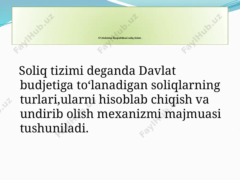 jismoniy shaxslardan olinadigan daromad solig‘i stavkalari o‘zbekiston respublikasining davlat budjeti to‘g‘risidagi qonuni bilan belgilanadi. aksiz solig‘ining stavkalari, mahsulot narxi dinamikasidan va realizatsiya qilish hajmidan kelib chiqib, o‘zbekiston respublikasi prezidentining qarorlari bilan yil davomida qayta ko‘rib chiqilishi mumkin. soliq stavkalari turlari: 1. qat’iy stavka; (qat’iy belgilangan soliq stavkasi – 5 mrzp) 2. proporsional; (soliq bazasiga foizlarda – 12%) 3. progressiv stavka 4. regressiv stavka 12 hisoblab chiqish tartibi soliqni hisoblab chiqarish soliq to‘lovchining yashash joyidan qat’i nazar, soliq solish ob’ekti joylashgan yerdagi soliq organlari tomonidan ko‘chmas mulkka bo‘lgan huquqlarni davlat ro‘yxatidan o‘tkazishni amalga oshiruvchi organning ma’lumotlari asosida amalga oshiriladi. soliq summasi mol-mulkning 1 yanvardagi holatiga ko‘ra bo‘lgan kadastr qiymatidan va belgilangan soliq stavkasidan kelib chiqqan holda hisoblab chiqariladi. 13 soliq davri soliq davri deganda tugagandan keyin soliq bazasi aniqlanadigan hamda to‘lanishi lozim bo‘lgan soliq summasi hisoblab chiqariladigan kalendar yil yoki boshqa davr tushuniladi. soliq davri bir necha hisobot davrlaridan iborat bo‘lishi …