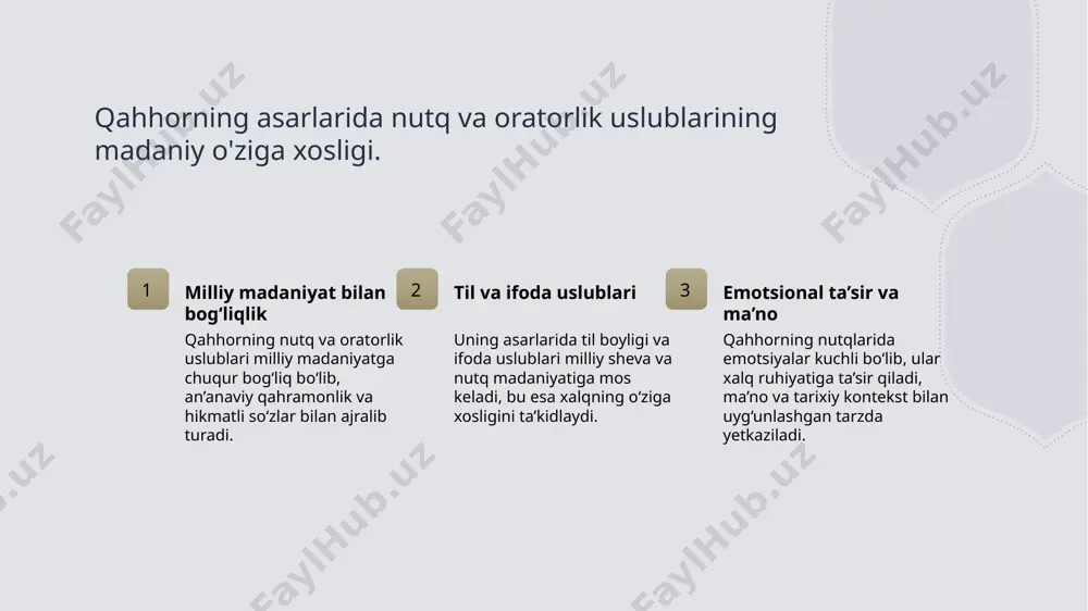 ali xalq bilan bo'lgan aloqasi mustahkamlandi, madaniyat va notiqlik san'atining rivojlanishiga turtki berdi. madaniy va ma'rifiy maqsadlar nutqlar orqali xalqning ongini kengaytirish, ma'rifat va madaniyatni oshirish maqsadida qahhor muhim ijtimoiy va axloqiy mavzularni yoritdi. tarbiyaviy va xalq bilan bog'liqlik yozma va og'zaki nutqlari orqali qahhor milliy qadriyatlarni mustahkamlash, yoshlarni madaniyatga hurmat bilan yondashishga undadi. xalq madaniyatida nutq va notiqlikning o'rni va ahamiyati 1 madaniy ahamiyat nutq va notiqlik xalq madaniyatining ajralmas qismi bo‘lib, u odamlarga birlashish, fikrlarni ifoda etish va ijtimoiy muhitni shakllantirishda muhim rol o‘ynaydi. 2 tarbiyaviy roli nutq va oratorlik ko‘nikmalari yoshlar va kattalarda ma’naviy va madaniy qadriyatlarni rivojlantirishga, odob-axloq va ijtimoiy muhitni mustahkamlashga yordam beradi. 3 an’analarning uzviyligi xalq madaniyatida nutq va notiqlik avlodlar o‘rtasida fikr almashishni, milliy identitetni mustahkamlash va madaniy merosni saqlashda muhim vositadir. avdulla qahhor asarlarida nutq va oratorlik uslublarining madaniy merosdagi o'rni madaniy merosda nutq va oratorlik uslublarning xalq madaniyatiga ta'siri madaniy merosdagi …