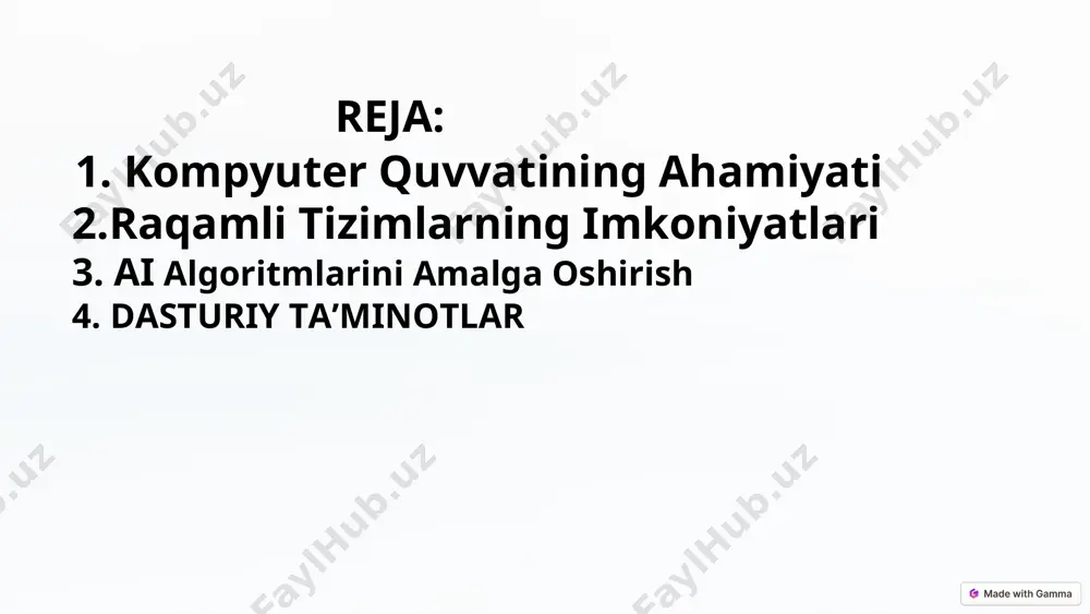 , yanada murakkab vazifalarni hal qilishga imkon beradi. * dasturiy ta'minotlar 1 tensorflow google tomonidan ishlab chiqilgan ochiq manbali dasturlash kutubxonasi. 2 pytorch facebook tomonidan ishlab chiqilgan ochiq manbali dasturlash kutubxonasi. 3 keras tensorflow va theano kabi dasturlash kutubxonalari uchun yuqori darajadagi api. * ai qurilmalari mobil telefonlar ai algoritmlarini ishlatib, shaxsiylashtirilgan tajribalar yaratish, tasvirlarni tanib olish va boshqa funksiyalarni bajarish mumkin. aqlli uy qurilmalari ai algoritmlari yordamida uyni avtomatlashtirish, energiya sarfini optimallashtirish va xavfsizlikni oshirish mumkin. avtonom transport vositalari ai algoritmlari avtonom transport vositalarining harakatlanishini boshqarish, yo'l sharoitlarini tahlil qilish va xavfsizlikni ta'minlashda qo'llaniladi. * ai-ning kelajagi 1 2025 ai algoritmlari turli sohalarda, jumladan tibbiyot, moliya va ta'limda keng qo'llaniladi. 2 2030 ai-ning rivojlanishi o'z-o'zini boshqaradigan ai tizimlarining paydo bo'lishiga olib keladi. 3 2035 ai algoritmlari inson hayotining deyarli barcha sohalariga singib ketadi, yangi imkoniyatlar va muammolarni yaratadi. * ai va etika 1 ma'lumotlarning xavfsizligi shaxsiy ma'lumotlarni himoya qilish …
