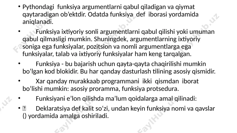 ‘ladi. funksiya protsedura oxirida return va ifoda joylashgan bo‘ladi. masalan, def func(a, b, c=2): return a + b + c func(1, 2) func(1, 2, 3) func(a=1, b=3) namunadan ko‘rinadiki, asosiy programmadan funksiya protseduraga faktik parametr bilan qayta qayta murojaat etish mumkin agar funksiya ichida o‘zgaruvchilardan foydalansak, bu o‘zgaruvchilar faqat shu funksiya ichida ishlatilishi mumkin. funksiya tugagach, ular endi ma’nosini yo‘qotadi, chunki ular amal qilmaydi. masalan: def function_a(): global a a = 1 b = 2 return a+b def function_b(): c = 3 return a+c print( function_a() ) print( function_b() ) dasturdan ko‘rinadiki, global hizmatchi so‘z umumlashgan o‘zgaruvchini e’lon qilish namunasidir funksiyada cheksiz miqdordagi parametrlardan foydalanish mumkin, ammo argumentlar soni parametrlarga to‘liq mos kelishi kerak. bu parametrlar pozitsion argumentlardir. python shuningdek, kalit so‘z argumentlari yordamida ko‘rsatilishi mumkin bo‘lgan standart qiymatlarni aniqlash imkoniyatini beradi. parametr - funksiya ta’rifining birinchi qatoridagi parametrlar ro‘yxatidagi nom. funksiya chaqirilganda formal parmetr o‘z qiymatini oladi. argument – …