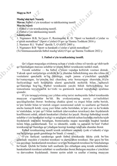 futbol o‘yin texnikasi va taktikasining tasnifi — DOCX