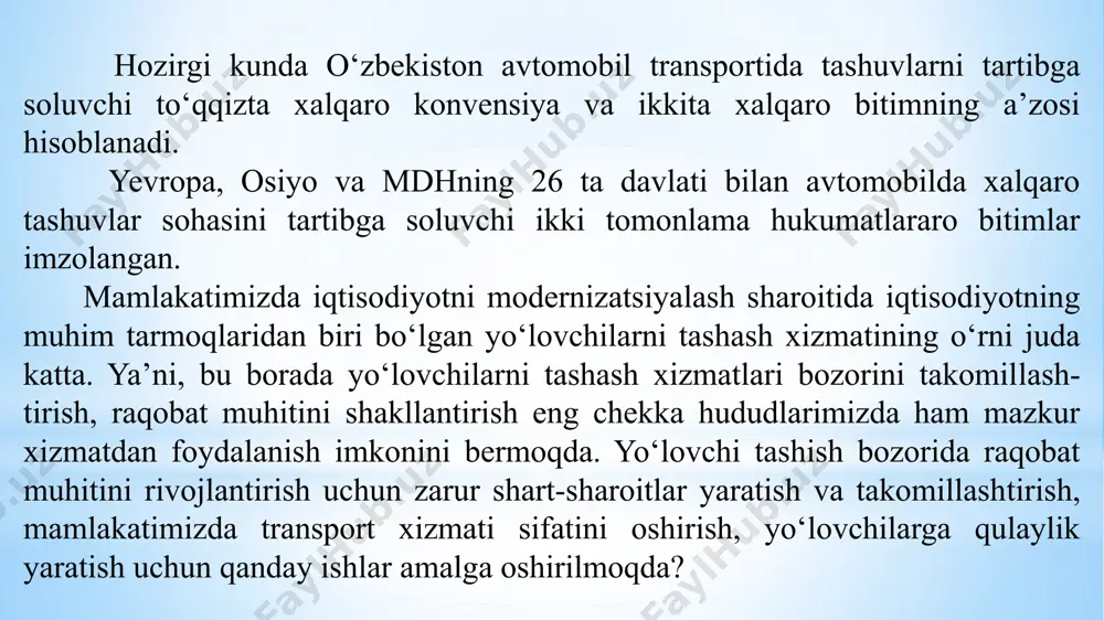 uv osti (ekskursiya suv osti qayiqlari) va suv usti (teploxodlar, sayohat kemalari, dengiz paromlari, sayr kemalari, yaxtalar, katerlar) transportlari farqlanadi. turizmda suv transporti vositalari ta’minoti bilan bog‘liq masalalari asosan dengiz va daryoda turistik maqsadlarda muntazam va nomuntazam yo‘lovchi tashish misolida qarab chiqiladi. сувда туризмда транспорт воситалари қуруқликда ҳавода автомобил: автобус, автомобил, мотоцикл, велосипед ва б. темирйўл: поъезд, тармвай, тралейбус, метро ва б. маҳаллий транспорт воситалари: от, туя, эшак, фил, ит, бўғу сув ости: сув ости кемалари сув усти: теплоходлар, саёҳат кемалари, денгиз паромлари, сайр кемалари, яхталар, катерлар фуқаро авиацияси самолётлари, вертолётлар, дельтапланлар, ҳаво шарлари, коинот кемалари 2.1.1-rasm. turizm maqsadlari uchun foydalaniladigan transport vositalarining turlari turizmda transport ta’minoti tizimi qo‘yidagicha farqalanadi: turga qo‘shilgan va asosiy turistik xizmatlarga kiruvchi turistik tashish; turistlarni doimiy yashash joyidan belgilangan manzilga eltib qo‘yish (yoki yo‘nalish boshlanadigan joyga) va qayta olib kelish; transfer – turistlarni kutib olish va kuzatib qo‘yish uchun transport vositasi taqdim etish; tur-safar bo‘yicha …