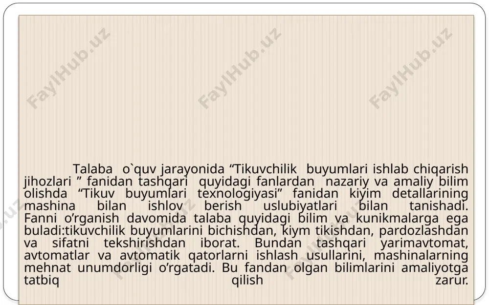 firmasi (yaðoniya) tikuv mashinalari oldin harflar, keyin raqamlar bilan belgilangan. masalan: dln-5410h-6-w/ec-321/ak- 34 moki baxyali tikuv mashinasi belgilari firmaning maxsus kataloglaridan quyidagicha aniqlanadi: dln-5410 – tikuv mashinasi modeli, h–og‘ir materiallarni tikishga mo‘ljallangan, 6–iðni avtomatik qirqish mexanizmli, w–ustki ið chetlatgichi bor. ec- 321–elektron boshqaruvchi sistemali, ak-34 – teðkini avtomatik ko‘taruvchi qo‘shimcha mexanizmli mashina. «durkopp-adler» firmasining yarimavtomatik tikuv mashinalari. «òekstima» (germaniya) mashinasozlik birlashmasida ishlab chi- qariladigan tikuv mashinalari ikki guruh raqamlar bilan belgilanadi. masalan, 8332/3355 rusumli tikuv mashinasida 8332–sinfiy belgisi hisoblansa, 3355–texnik va texnologik ma’lumotlarini bildiradi, ya’ni 3–moki baxyali, iðni naychaga o‘rash mexanizmli, 3–gazla- mani ostki surish va gazlamaning chetini qirquvchi ðichoq me- xanizmli, 5–iðni qirquvchi, igna holatini ta’minlovchi, teðkini ko‘tarish va tushirish mexanizmli, 5–qalinligi 5 mm gacha bo‘lgan gazlamani tikuvchi mashina ekanligini anglatadi. «pfaff» (germaniya) firmasi tikuv mashinalari 22ta raqamli bel- gilanishga ega. masalan, 142-732/09-263/02-900/05 bsx10 tikuv mashinasi belgilanishi quyidagicha tahlil qilinadi: 1–ikki iðli moki baxya hosil qilib tikuvchi, 4–tekis ðlatformali, …