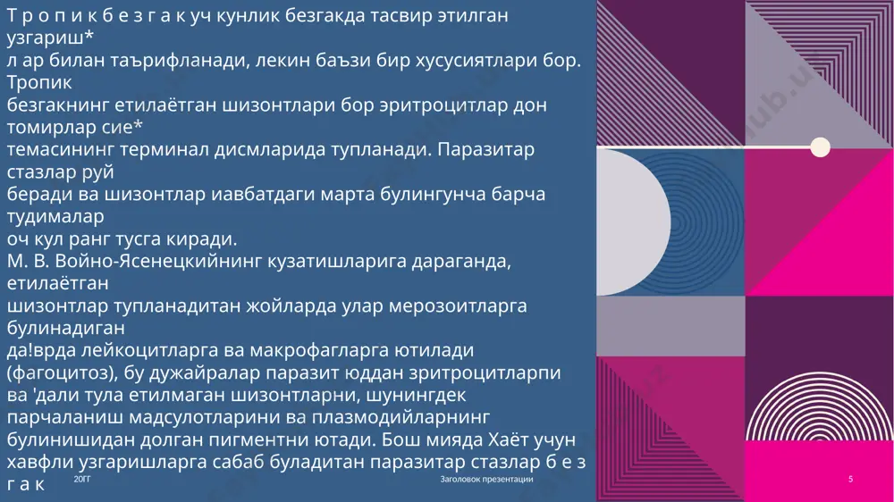 digan yalliglanish infiltratlarining rivojlanishi kuprad xavfli. ichakdan tashdaridagi ogirlatouvlardan dopda vena y'uli orkali j i g a r n i n g metastatik a b s ts e s s i paydo bulishi kuprod xavfli. jigar abstsessi amyobiazdan ulgan kishilarning 36,6 protsentida uchraydi (m. v. voyno-yasenetskiydan). jigar abstsessi kichkina yongoddaya tortib mushtumday bulishi mumkin 20gg zagolovok prezentatsii 12 le y sh m a n io z leyshm anioz faqat ma’lum geografik m intaqalarga xos bo'lgan transm issiv kasalliklar jum lasiga kiradi. o dam da uchraydigan leyshm aniozning ikki xili tafovut qilinadi: teri leyshm aniozi va visseral leyshmanioz. shu ikkala xilining turli geografik va klinik-epidem iologik variantlari bor. e tio lo giy asi va patogen ezi. leyshm aniozning qo'zg'atuvchilari ikki turdagi leyshm aniylardir, ular bir-biridan tam om boshqacha bo'lib o'tadigan ikki xil kasallikka olib boradi. u larning biri badan terisini zararlab, unda yaralar paydo qiladi (teri leyshm aniozi — «yom on …