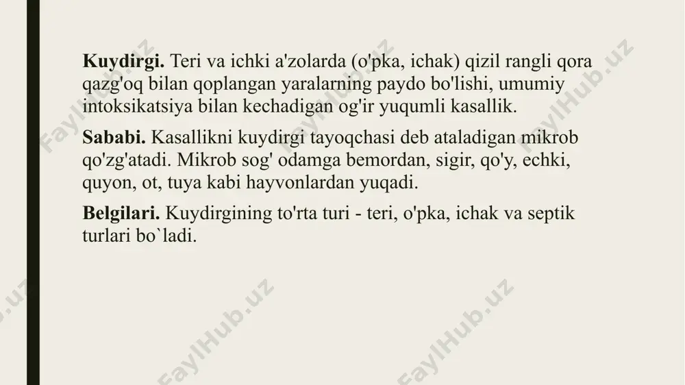 harvining limfa bezlari yallig`lanadi, kattalashadi va yiringlaydi. bemorning qornida og'riq bo`ladi, tana harorati ko'tariladi. leptospiroz jigar, buyrak va boshqa a'zolarning yallig`lanishi, terining sarg'ayishi, teri orasiga qon quyilish nuqtalarining paydo bo`lishi, umumiy intoksikatsiya bilan kechadigan og`ir yuqumli kasallik. sababi. kasallikni leptospera deb ataluvchi mikrob qo'zg'atadi. u issiq sharoitda, ayniqsa yoz faslida ko'payadi. kemiruvchilar mikrobning manbai hisoblanadi. ular siydigi, ahlati bilan suv manbalarini, daladagi don mahsulotlarini va meva-sabzavotlarni zararlaydi. belgilari. kasallik tana haroratining to'satdan ko'tarilishi va varaja qilish bilan boshlanadi. asosiy belgilaridan biri boldirning duksimon muskullarida kuchli og'riq paydo bo`lishidir. bemorning ko'zlari qizaradi. jigar yallig`lanishi tufayli teri sarg'ayadi, qizil toshmalar paydo bo`ladi. burnidan qon oqadi, buyrakni yallig`lanishi tufayli siydikda qon bo`ladi.jigar va taloq kattalashadi. tibbiy yordam. leptospiroz bilan kasallangan bemor tez yordam chaqirilib zudlik bilan yuqumli kasalliklar shifoxonaga yuborilishi kerak.shifoxonaga yuborguncha tulyaremiyaga o`xshash birinchi tibbiy yordam ko`rsatiladi. brutsellyoz bo`g`imlarning yallig`lanib shishishi, jigar, taloq, buyrak kabi ichki a`zolarning yallig`lanishi va kattalashishi, tana haroratini …