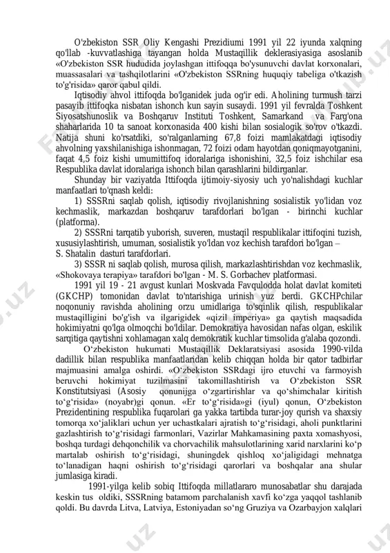 yo'lboshchi sifatida g'olib chiqdi» ( l.levitin, s.donald, korlayn. islom karimov - yangi o'zbekiston prezidenti. toshkent. 1996 yil.). o'zbekiston tarixidagi asosiy voqealardan biri 1990 yil 20 iyunda sodir bo'ldi. o'zbekiston respublikasi oliy sovetining ikkinchi sessiyasida «mustaqillik deklarasiyasi» qabul qilindi. deklarasiya quyidagi so'zlar bilan boshlangan edi: «o'zbekiston sovet sosialistik respublikasi oliy soveti: o'zbek xalqining davlat qurilishidagi tarixiy tajribasi va tarkib topgan boy an'analari; har bir millatning o'z taqdirini o'zi belgilash huquqini ta'minlashdan iborat oliy maqsad haqqi; har bir kishining farovon turmush kechirishini ta'minlashni oliy maqsad deb bilgan holda; o'zbekiston xalqlarining kelajagi uchun tarixiy ma'suliyatni chuqur his etgan holda; xalqaro huquq qoidalariga, umumbashariy qadriyatlarga va demokratiya prinsiplariga asoslanib, o'zbekiston sovet sotsialistik respublikasining davlat mustaqilligini e'lon qiladi». shu kundan e'tiboran o'zbekistonga tegishli bo'lgan barcha siyosiy va iqtisodiy masalalar mustaqil tarzda hal etilishi kerak edi. siyosiy sohadagi sifat o'zgarishidan yana biri 1991 yil 17 martda yuz berdi. shu kuni umumxalq referendum o'tkazildi. referendumdagi asosiy byulitenlardan …