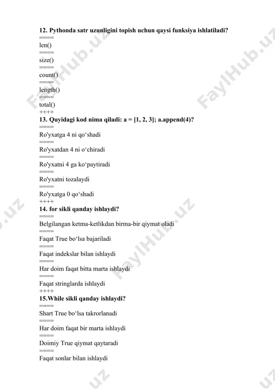 quire modul_nomi bilan ++++ 32. math moduli qanday maqsadga xizmat qiladi? ==== matematik amallarni bajarish uchun ==== fayllar bilan ishlash uchun ==== matnlarni o‘zgartirish uchun ==== grafik interfeys yaratish uchun ==== mantiqiy amallar uchun ++++ 33. math moduli qanday maqsadga xizmat qiladi? ==== matematik amallarni bajarish uchun ==== fayllar bilan ishlash uchun ==== matnlarni o‘zgartirish uchun ==== grafik interfeys yaratish uchun ==== mantiqiy amallar uchun ++++ 34. random moduli nimaga xizmat qiladi? ==== tasodifiy sonlar bilan ishlash uchun ==== grafik interfeys yaratish uchun ==== satrlarni qo‘shish uchun ==== ma’lumotni faylga yozish uchun ==== dastur xatoliklarini aniqlash uchun ++++ 35. range(5) natijasi nima? ==== 0, 1, 2, 3, 4 ==== 1, 2, 3, 4, 5 ==== 5, 4, 3, 2, 1 ==== 1, 3, 5, 7, 9 ==== 0, 1, 2, 3, 4, 5 ++++ 36. enumerate() funksiyasi nima beradi? ==== elementlar va ularning indekslarini ==== faqat indekslarni ==== faqat qiymatlarni …