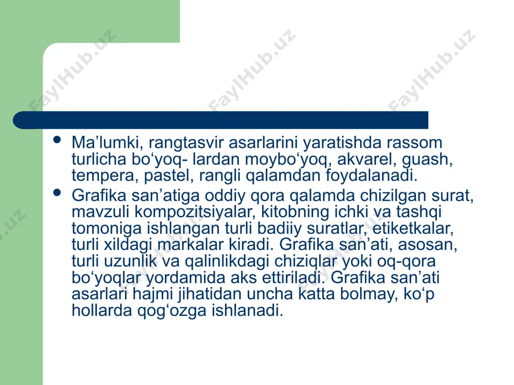 . rassom rahim ahmedovning «oqtosh» asarini tahlil qiling. • 2. ekologik mavzuga bag‘ishlangan asaming tahlilini qiling. topshiriq. sinfda qalamda boshlangan manzarani ranglarda bo‘yang. 11 - d a r s. tabiatning obrazli manzarasini ishlash tabiatning obrazli manzarasini ishlash uchun bo‘yoqlar yorda- mida chizishdan awal qalam yordamida uning alohida qismlari chizib olinadi. tasviming mazmunli va ifodali bo‘lishi uchun manzara elementlari: daraxtlar, bulutlar, togiar, joyning tuzilish shakllari chiziladi. shuningdek, manzarani chizishda tabiatni sinchiklab o‘rga- nib chiqish talab qilinadi. rassom a.mo‘minovning «bo‘ronli kun» asarida tabiat obrazi- ning bir ko‘rinishini kuzatishimiz mumkin. tabiatning obrazli manzarasini chizishda chiziqli va fazoviy pers- pektiva qoidalariga rioya qilish lozim. har bir narsa uzoqlashgan sari kichrayib havoda ko‘rinmay xiralashib boradi, ulaming ko‘rinishi, image1.jpeg image2.jpeg image3.jpeg image4.jpeg image5.jpeg image6.jpeg image7.jpeg