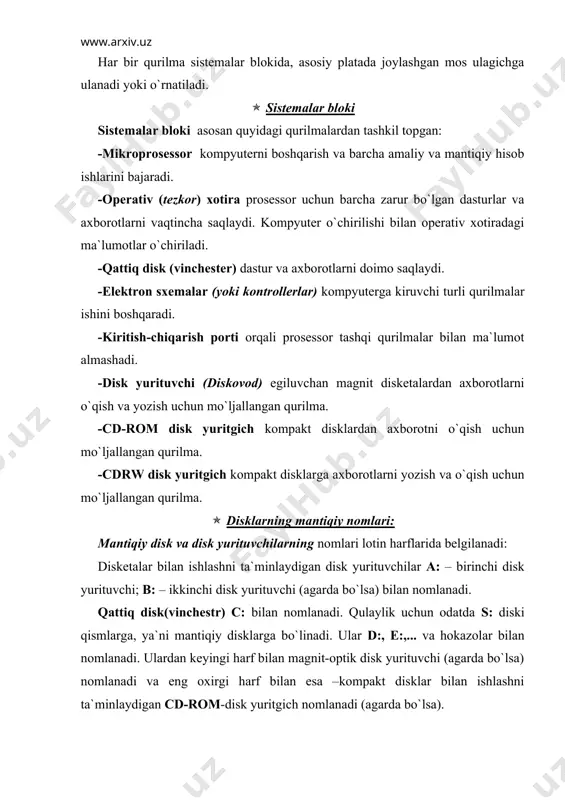 t tugmachalari boshqa tugmachalar bilan birgalikda kombinasiyada ishlatiladi. masalan: ctrlқf1, ctrlқo, altқf1; tab – tabulyatsiya tugmachasi. kursorni bir necha pozitsiya o`nga siljitish uchun xizmat qiladi (kursor-taklif) – o`chib-yonuvchi belgi (|) bo`lib, keyingi belgini yozilish joyini ko`rsatadi); backspace – tugmachasi kursordan chap tomondagi belgini o`chirish tugmachasi; ( – bosh menyuni faollashtirish tugmachasi; – kontekstli (yordamchi) menyuni faollashtirish tugmachasi 2. kursorni boshqaruvchi tugmachalar б, в, я, а –kursorni mos tarzda yuqoriga, pastga, chapga va o`ngga siljitish tugmachalari; pgup, pgdn – kursorni mos tarzda bir ekran sahifaga yuqoriga ғ pastga siljitish tugmachalari; home, end – kursorni mos tarzda satr boshiga va oxiriga siljitish tugmachalari; delete – kursordan o`ng tomonda turgan yoki kursor turgan belgini o`chirish tugmachasi; insert – belgining o`rniga yozish va siljitib yozish rejimlarini o`rnatish ғ olib tashlash tugmachasi. bunda kiritilayotgan belgi kursor turgan belgining o`rniga yoziladi (agarda o`rniga yozish rejimi o`rnatilgan bo`lsa) yoki bu belgi o`ng tomonga siljitib yoziladi (agarda siljitib …