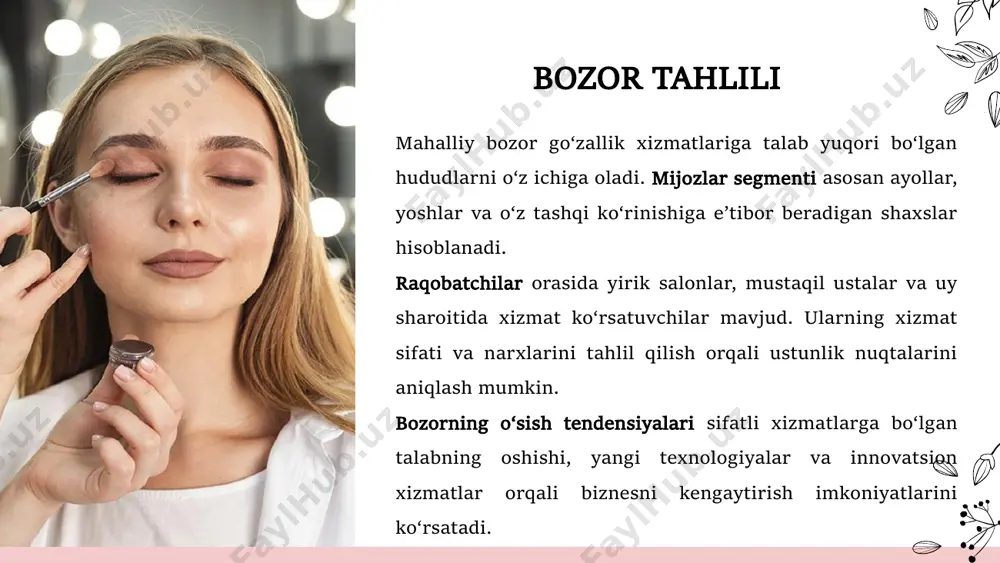 hiqish va ularning motivatsiyasini oshirish. kelajakdagi rivojlanish strategiyasi 2025 2030 2027 xizmat turlarini kengaytirish. yangi xizmatlarni joriy etish, mijozlarning turli ehtiyojlariga mos ravishda go‘zallik xizmatlari portfelini kengaytirish. bunga o‘zboshimchalik bilan qo‘shilgan kosmetik protseduralar, makiyaj, terapevtik massaj xizmatlari va boshqalar kiradi. franchise va filiallar ochish. biznesni kengaytirish maqsadida franchise tizimi orqali boshqa shaharlarda yoki hududlarda yangi filiallar ochish. bu kompaniyaning o‘sishiga, brendni keng tarqatishga va qo‘shimcha daromad manbalarini yaratishga yordam beradi. brendni rivojlantirish. brendni yanada kuchaytirish va tanitish uchun doimiy ravishda marketing strategiyalarini takomillashtirish, sifatni oshirish va mijozlar bilan uzoq muddatli aloqalar o‘rnatish. ijtimoiy tarmoqlar, reklama kampaniyalari, brend ambitsiyalarini kengaytirish orqali brendni mukammallashtirish. e’tiborigiz uchun rahmat! credits: this presentation template was created by slidesgo, including icons by flaticon, and infographics & images by freepik image1.jpg image2.png image3.png image4.png image5.jpg image6.png