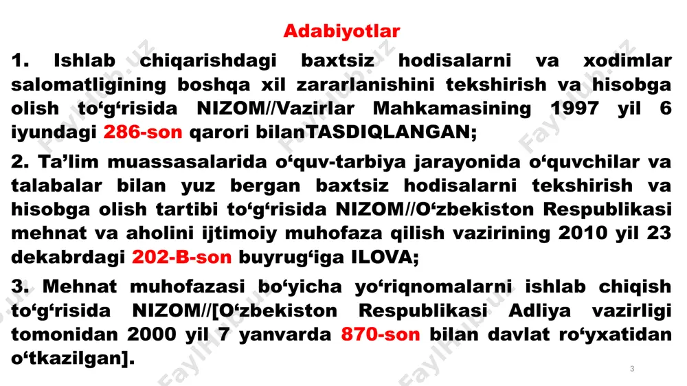 blari 3. ishlarni boshlasholdingi xavfsizlik talablari 4. ishlash paytidagi xavfsizlik talablari 5. avariya vaziyatlaridagi xavfsizlik talablari 6. ishlarni tugatgandan keying xavfsizlik talablari o‘zbekiston respublikasi bandlik va mehnat munosabatlari vazirligini davlat mehnat inspeksiyasi; davlat energiya nazorat inspeksiyasi; davlat yong’in nazorat inspeksiyasi. 14 o‘zbekiston respublikasi vazirlar mahkamasi huzuridagi yer qa’rini geologik o‘rganish, sanoatda, konchilikda va kommunal-maishiy sektorda ishlarning bexatar olib borilishini nazorat qilish davlat inspeksiyasi va uning mintaqaviy inspeksiyalari negizida o‘zbekiston respublikasi sanoat xavfsizligi davlat qo‘mitasi va uning hududiy boshqarmalari tashkil etilsin. (o‘zbekiston respublikasi prezidentining 2018 yil 12 dekabrdagi pf-5594-son farmon) 15 o‘zbekiston respublikasi sanoat xavfsizligi davlat qo‘mitasining yer qa’rini geologik o‘rganish, sanoatda, konchilikda va kommunal-maishiy sektorda ishlarning bexatar olib borilishini nazorat qilish tarmoq inspeksiyalari: temir yo‘l transportida xavfli yuklarni tashish sharoitlarini nazorat qilish inspeksiyasi; ko‘mir, kon-ruda va noruda sanoatini nazorat qilish hamda geologiya-marksheyderlik nazorati inspeksiyasi; gaz xo‘jaligidan xavfsiz foydalanishni nazorat qilish inspeksiyasi; atomni nazorat qilish inspeksiyasi ; bug‘ qozonlarini va ko‘tarish …