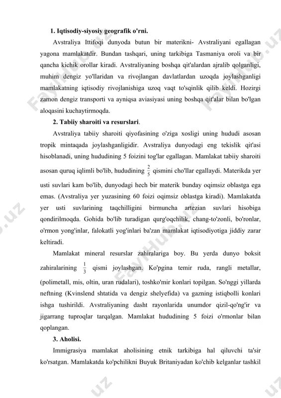 jigarrang tuproqlar tarqalgan. mamlakat hududining 5 foizi o'rmonlar bilan qoplangan. 3. aholisi. immigrasiya mamlakat aholisining etnik tarkibiga hal qiluvchi ta'sir ko'rsatgan. mamlakatda ko'pchilikni buyuk britaniyadan ko'chib kelganlar tashkil etganligi sababli aholi etnik jihatdan bir xil: uning 90 foizdan ortig'ini ingliz-avstraliyaliklar tashkil etadi. yevropaning boshqa mamlakatlaridan ham (shu jumladan rossiya, ukrainadan) ko'chib kelganlar yashaydi. avstraliya tub joy aholisi hisoblangan aborigenlar jami aholining 1 foizdan kamrog'ini tashkil etadi. ularning umumiy soni 160 ming kishini tashkil etadi. aborigenlar qurg'oqchil shtatlar (kvinslend, g'arbiy avstraliya)da yashaydi. mamlakatda aholining o'rtacha zichligi juda past (1 km2ga 2,3 kishi to'g'ri keladi). aholisi hudud bo'ylab notekis taqsimlangan. aholining qismi janubi-sharqda to'plangan. ichki cho'l rayonlarida aholining o'rtacha zichligi 4-5 km2da bir kishidan oshmaydi. bu rayonlarda aholi punktlari shu qadar siyrakki bolalarni maktabga yig'ib kelishning iloji yo'q: ularni radio orqali o'qitadilar. mamlakat aholisining 60 foizi faqat 2ta rivojlangan yangi janubiy uels va viktoriya shtatlarida istiqomat qilishadi. shuningdek tasmaniya orolida ham aholi …
