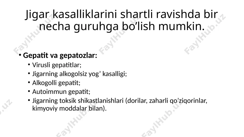 alishiga yordam beradi. tezda vazn yo’qotish, kofein, nikotin, gormonlar ta’siri ostida periferik yog’ zahiralarini faol ravishda parchalanishi. bunday holda, erkin yog’ kislotalari jigar tomonidan ko’p miqdorda ushlanishi mumkin. gepatit gepatit — bu jigar hujayralarining yallig’lanishi. yallig’lanish — bu organizmning shikastlanishga bo’lgan universal reaktsiyasidir. bunda organizm zararlangan hududni cheklashga va patogen bakteriyalar kabi kasallikning sababchilarini yo’q qilishga intiladi. ushbu kurashda hujayra devorlari yoxud membranalari ham shikastlanishi mumkin, buning oqibatida jigar fermentlari qon oqimiga kiradi, hujayralarning o’zlari nobud bo’ladi. gepatit virusli va virusli bo’lmagan (alkogolli, alkogolsiz, autoimmun va boshqalar) turlarga bo’linadi. gepatit shuningdek o’tkir va surunkali bo’lishi mumkin. o’tkir, tezda yuzaga keladigan yallig’lanish, agar ta’sir qiluvchi salbiy omil bartaraf etilsa, oqibatlarsiz tuzalib ketishi mumkin. agar yallig’lanish jarayoni 6 oy yoki undan ko’proq vaqtga cho’zilsa va surunkali shaklga o’tsa, unda o’lik gepatotsitlar o’rnida asta-sekin fibroz paydo bo’la boshlaydi. fibroz fibroz — jigar to’qimasi o’rnini biriktiruvchi to’qima tolalari bilan almashtirilishi. har qanday jarohatni tuzalishida …