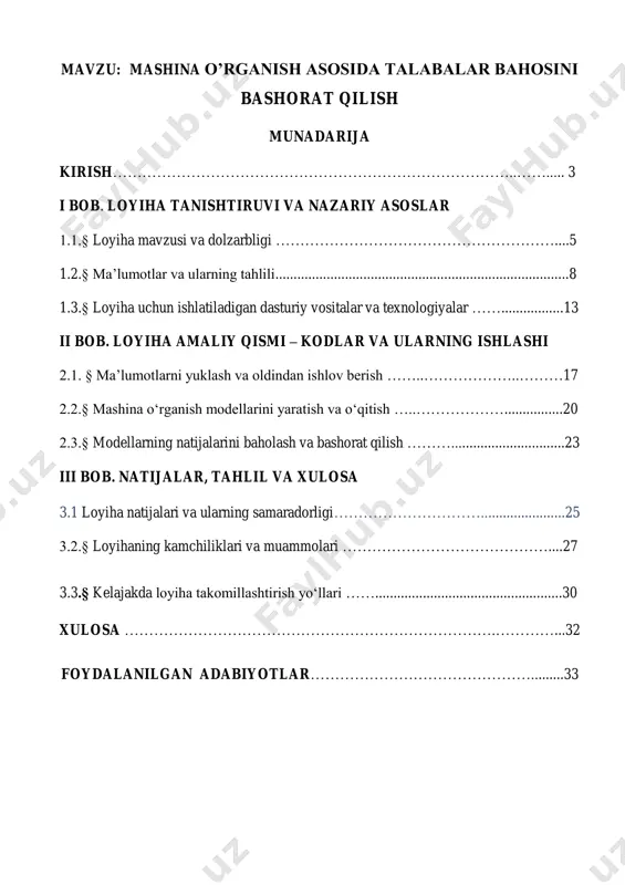 riga ehtiyoj ortmoqda. talabaning o‘quv faoliyati samaradorligini baholash, o‘zlashtirish darajasini oldindan aniqlash hamda potentsial qiyinchiliklarni erta bosqichda aniqlab, ularga yechim 4 topish — ta’lim sifatini oshirishda muhim ahamiyat kasb etadi. bunda mashina o‘rganish metodlari – xususan regressiya, qaror daraxtlari (decision trees), tasniflash (classification) va boshqa algoritmlar yordamga keladi. bu algoritmlar orqali talabalar faoliyati haqida mavjud ma’lumotlar asosida ularning kelajakdagi baholarini bashorat qilish mumkin bo‘ladi. loyihada talabalar haqida to‘plangan turli ko‘rsatkichlar (masalan: darsdagi ishtiroki, mustaqil ishlar, imtihon natijalari, laboratoriya ishlarining baholari va boshqalar) tahlil qilinadi. ushbu ma’lumotlar asosida mashina o‘rganish modellari quriladi va sinovdan o‘tkaziladi. model yordamida yangi talabalar uchun ham oldindan baho bashorati amalga oshiriladi, bu esa o‘quv jarayonini individuallashtirishga va muammoli holatlarni oldindan aniqlashga yordam beradi. shuningdek, loyiha davomida ishlatiladigan texnologiyalar – python dasturlash tili, mashina o‘rganish kutubxonalari (scikit-learn, pandas, numpy, matplotlib) – nafaqat loyihani amalga oshirishni, balki uni foydalanuvchilar uchun qulay interfeys orqali taklif qilish imkonini ham yaratadi. …