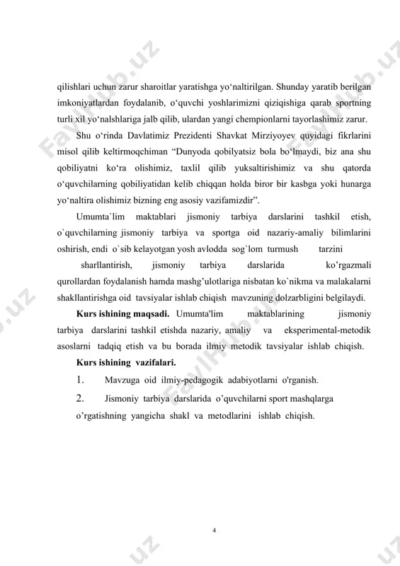 edi. ertadan-kechgacha mehnat qilsang, mehnatingga yarasha ochdan o’lmaslikka etadigan haqingni olasan, tamom-vassalom. bu sobiq ittifoqda qonun kuchiga ega bo’lgan davlat siyosati edi. odamzot shunchaki ishlar, shunchaki umr kechiradi, xolos. istiqlol bizga o’zligimizni anglash imkonini yaratib berdi. inson o’zining butun mohiyatini, insonligini qanchalik chuqur tushunsa, yashash mazmun-mohiyatini ham shunchalik chuqur anglaydi. o’zligini anglagan kishi olamning butun rang-barangligi bilan birga hayot mazmunini, o’zining shunchalik tiriklik va mavjudlik belgisi emas, aksincha, tabiatning betakror mo’’jizasi ekanligiga, shu asnoda inson qadru qimmatini tobora teranroq anglay boshlaydi. demak, bevosita ichki bir da’vat va ilohiy quvvat bilan ma’naviy yutuqlikka, komillikka intiladi. bu - mustaqillikning yana bir mo’vjizasi. sport va jismoniy tarbiya bo’yicha muhim amaliy va nazariy muammolarni hal etilishi samarador metodlardan va ilmiy tadqiqot olib borish uslubiyatlaridan foydalanish katta yutuqlarga erishishga imkoniyat yaratadi. shuni ham aytish kerak-ki o’zbekiston respublikasining mustaqillik davrida ilmiy - tadqiqot ishlariga, ayniqsa pedagogik samarador metodlarini va pedagogik ilmiy tadqiqot ishlarini ishlab chiqarishga imkoniyatlar …