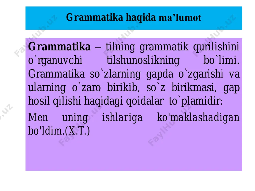 a oldinma-keyin kelish ham ba’zan grammatik ma’no ifodalashga yordam beradi. masalan: 1. ajoyib odamlar. 2. odamlar birinchi gapda ajoyib so`zi otdan oldin kelib sifatlovchi vazifasini, ikkinchi gapda ushbu so`z otdan keyin kelib kesim vazifasini bajargan. 7. ohang. bunda grammatik ma’no so`zlarning gap sifatida shakllanishi bilan bog`liq. masalan: hamma keldi. (darak gap) - hamma keldi? (so`roq gap) - hamma keldi! (undov gap). grammatik shakl so`zning biror grammatik ma’no ifodalaydigan ko`rinishi uning grammatik shakli deyiladi. hozirgi o`zbek tilida so`zlarning grammatik shakllari affikslar, yordamchi so`zlar vositasida, so`zlarni juftlash yoki takrorlash orqali hosil qilinadi. shunga ko`ra so`zlarning quyidagi grammatik shakllari farqlanadi: 1. sintetik shakl. bu shakl shakl yasovchi affikslar vositasida hosil bo`ladi: kitobning, kitobni, kitobga, kitobda; o`qimoqdaman, o`qimoqdasan, o`qimoqdamiz, o`qimoqdasiz kabi. 2. analitik shakl. mazkur shakl yordamchi so`zlar orqali yuzaga keladi: bolalar uchun, zavq bilan, o`qib tur, o`qib ko`r kabi. 3. juft va takroriy shakl. ikki so`zni juftlash yoki bir so`zni takrorlash bilan ham …