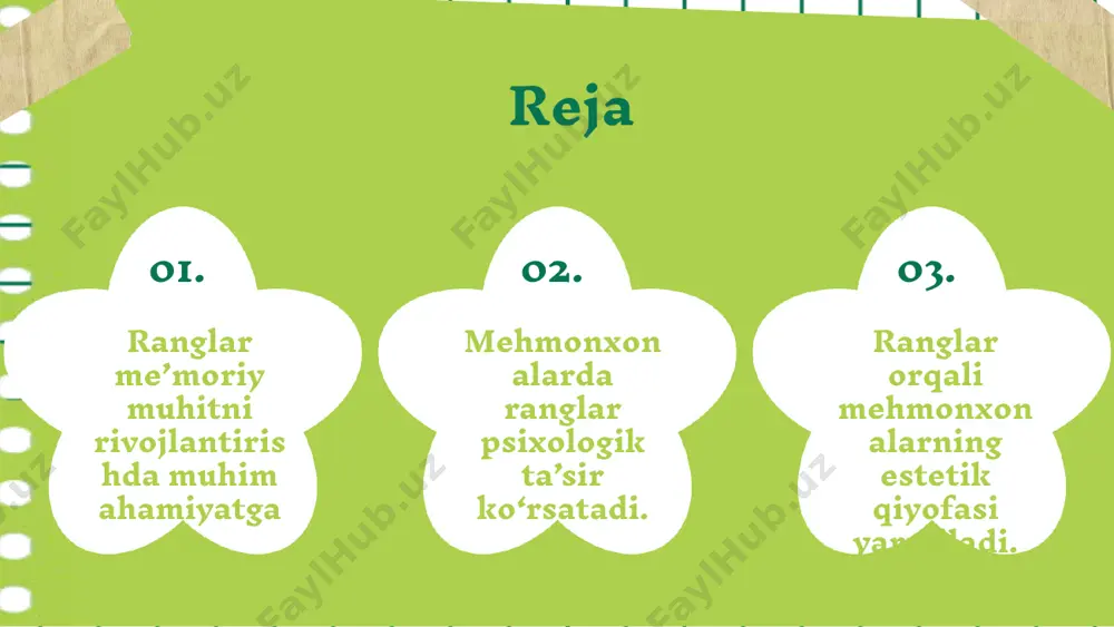 i taqdim etadi. mehmonlar ranglar orqali kayfiyatlarini boshqarishlari mumkin. qizil yoki sariq ranglar mehmonlarning faoliyatini oshirishga yordam beradi. ranglar mehmonxona tajribasini boyitadi. to‘g‘ri ranglar tanlanganida, mehmonlar o‘zlarini qulay his qilishadi, bu tajribani yaxshilaydi. photo by masha kotliarenko on unsplash 1 2 3 ranglar va mehmonxona muhiti mehmonxona muhitida ranglarning ahamiyati juda katta. ranglar muhitni yaratadi, hissiyotlarni uyg'otadi va mehmonlar uchun qulaylikni ta'minlaydi. ranglarni muvozanat, kontrast va hamjihatlik orqali mehmonxona muhitini yaxshilash mumkin. bu usullar mehmonlarning hissiyotlarini o'zgartirishi va tajribani yaxshilashi mumkin. ranglar va mehmonxona dizayni o'rtasidagi aloqalar mehmonlarning xulq-atvorini o'zgartirishda muhim rol o'ynaydi, masalan, iliq ranglar mehmonlarni tinchlantiradi. ranglar va mehmonlar tajribasi ranglar mehmonlarning his-tuyg'ulariga ta'sir qiladi. masalan, iliq ranglar mehmonxonada qulaylik hissini kuchaytiradi, sovuq ranglar esa xotirjamlikni oshiradi. mehmonxona ranglari mijozlar qoniqishiga sezilarli ta'sir ko'rsatadi. yashil ranglar salomatlikni ifodalaydi, qizil esa energiya beradi. ranglar mehmonxona brendini yaratishda muhimdir. ular ko'rinishni o'ziga jalb etish va esda qolish uchun yordam beradi. …