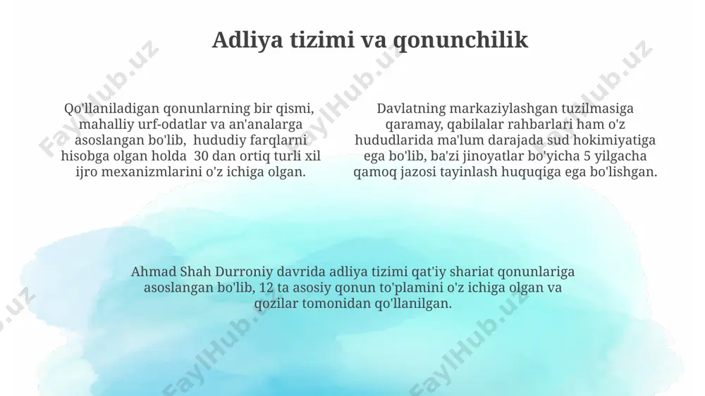 aromadning 70% gacha tashkil etgan, qolganlari bojxona toʻlovlari va boshqa soliqlardan tushgan. ahmad shah durroniyning ichki siyosati uning ichki siyosatining muhim jihatlaridan biri sunniy islomni davlat dini sifatida mustahkamlash va shia taʼsirini cheklash boʻlib, bu diniy nizolarni keltirib chiqardi. ahmad shoh durroniyning soliq tizimi asosan yer soligʻiga asoslangan boʻlib, ularning yigʻim miqdori hududlarning unumdorligiga va iqtisodiy holatiga bogʻliq edi. ahmad shoh durroniy 1747-yilda afgʻonistonni birlashtirgach, kuchli markazlashgan davlat tuzishga harakat qildi, bu esa koʻplab mahalliy hokimlarning qarshiligiga sabab boʻldi. davlat tuzilishi va ma'muriy tizimi amirlik davrida mahalliy hokimlarning vakolati cheklangan edi va ular markaziy hukumatga tobe boʻlishgan. soliq yigʻish tizimi asosan yer soligʻiga asoslangan. ahmad shah durroniy davlatining maʼmuriy tuzilmasi 12 ta viloyatga boʻlingan boʻlib, har bir viloyat hokimi amir tomonidan tayinlangan. afganistonning harbiy tizimi asosan otliq askarlardan iborat boʻlib, ularning soni taxminan 30 000-40 000 kishini tashkil etgan. ahmad shah durroniyning tashqi siyosati ahmad shoh durroniyning tashqi siyosiy strategiyasi …