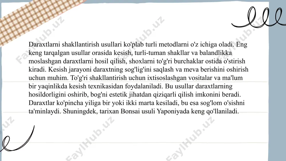 esish zararkunandalar va kasalliklarning oldini olishga yordam beradi. tokzorlar har yili 20-30% darajada kesilishi mumkin, mevali daraxtlar esa 10-15% atrofida. har xil daraxt turlari uchun kesish usullari farq qiladi, shuning uchun ularni to'g'ri tanlash muhim. o'rmonlarda rejalashtirilgan kesish ishlari ularning qisqargan holda tiklanishiga va biologik xilma-xillikning saqlanishiga xizmat qiladi. to'g'ri parvarish qilingan daraxtlar uzoq umr ko'radi va ko'proq hosil beradi. ... t.me/slaydai_bot 7. daraxtlar yordamida landshaft dizayni daraxtlar landshaft dizaynida muhim rol o‘ynaydi. ular nafaqat estetik go‘zallik qo‘shadi, balki ekologik foyda ham keltiradi. daraxtlar yiliga taxminan 22 kilogramm karbonat angidrid (co2) va 20 kilogramm changni yutadi. ular soyali joy yaratib, yozda 2-4°cga havo haroratini pasaytirishi mumkin. daraxtlar tuproq eroziyasini kamaytiradi va biologik xilma-xillikni oshiradi. o‘zbekistonda joylashgan bog‘larda tuproq, iqlim va ko‘chat turiga qarab, bir necha turdagi daraxtlar tanlanadi, masalan, terak, chinor, archa. daraxtlar orqali to‘g‘ri landshaft dizayni gazonlarni chiroyli qiladi va uylar atrofidagi havo sifatini oshiradi. ... t.me/slaydai_bot daraxtlarni shakllantirish …