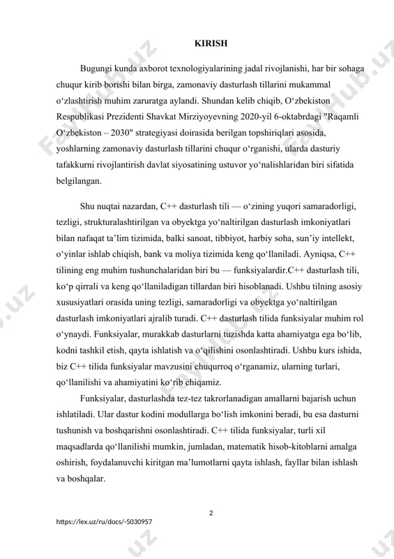 adigan amallarni bajarish uchun ishlatiladi. ular dastur kodini modullarga bo‘lish imkonini beradi, bu esa dasturni tushunish va boshqarishni osonlashtiradi. c++ tilida funksiyalar, turli xil maqsadlarda qo‘llanilishi mumkin, jumladan, matematik hisob-kitoblarni amalga oshirish, foydalanuvchi kiritgan ma’lumotlarni qayta ishlash, fayllar bilan ishlash va boshqalar. kurs loyihasi maqsadi, talabalarga c++ dasturlash tilida funksiyalar haqida chuqur bilim berish va ularning amaliy qo‘llanilishini ko‘rsatishdan iboratdir. shuningdek, kurs ishida funksiyalar bilan bog‘liq dasturlash masalalari va ularning yechimlari ko‘rib chiqiladi. talabalar, funksiyalar yordamida turli dasturiy vazifalarni hal qilish ko‘nikmalarini rivojlantirishlari kutiladi. c++ dasturlash tilida funksiyalar, dasturlashning asosiy tushunchalaridan biri hisoblanadi. ushbu kurs ishi orqali talabalar ushbu mavzuni chuqurroq o‘rganishlari va amaliy dasturlash ko‘nikmalarini takomillashtirishlari mumkin. kurs loyihasi dolzarbligi. c++ dasturlash tili, uning kuchli va samarali xususiyatlari tufayli dasturiy ta’minot ishlab chiqish sohasida keng qo‘llaniladi. funksiyalar, c++ tilining asosiy tushunchalaridan biri bo‘lib, dasturlashning ko‘p qirraliligini ta’minlaydi. ushbu kurs ishi dolzarbligi quyidagi jihatlar bilan bog‘liq: · sanoat talablari: c++ …