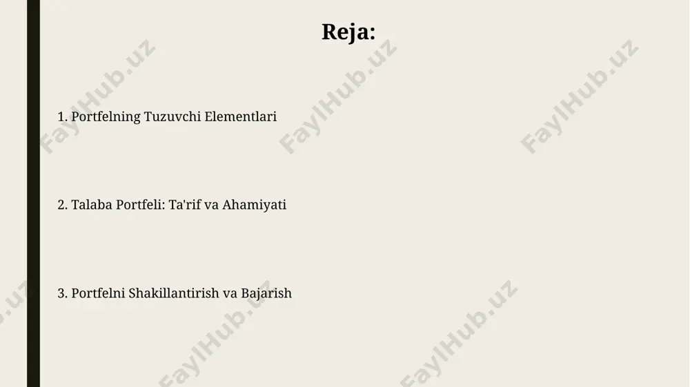 asalan, loyihalar, sertifikatlar) bo'limlaridan tashkil topishi mumkin. tarkibida talabaning 2-3 ta kuchli tomonlarini aks ettiruvchi, kamida 10-15 betlik hujjatlar, prezentatsiyalar, rasmlar va videolavhalar bo'lishi maqsadga muvofiq. mumkin bo'lgan xatolar va ularni oldini olish ba'zi loyihalar yoki ishlar uchun kerakli metamaʼlumotlar (sana, manba, tavsif) yoʻqligi yoki notoʻgʻri koʻrsatilishi, baholash jarayonini qiyinlashtiradi va umumiy taassurotga salbiy taʼsir qiladi. aniq va batafsil metamaʼlumotlarni kiritish muhim. rasmiy til va uslubga rioya qilmaslik, imlo va tinish belgilaridagi xatolar, portfelning ishonchliligini pasaytiradi va professionallik darajasini koʻrsatmaydi. grammatik tahrir va tekshiruvdan oʻtkazish tavsiya etiladi. kelajakdagi rivojlanish va istiqbollari talaba portfellarining kelajakdagi rivojlanishi blockchain texnologiyalari orqali 5 yil ichida ishonchlilik va shaffoflikni 30% ga oshirishi mumkin. metaverse va virtual dunyo platformalarining integratsiyasi kelgusi 10 yil ichida portfellarning global miqyosda o'zaro almashinuvini 15% ga o'stirishi mumkin. texnologiyalar va vositalardan foydalanish onlayn portfolio platformalaridan (wix, weebly) foydalanish portfolio'ning tarqalishini va kirishni ta'minlaydi, shu bilan birga seo optimizatsiyasi imkoniyatlarini beradi. talabalar …