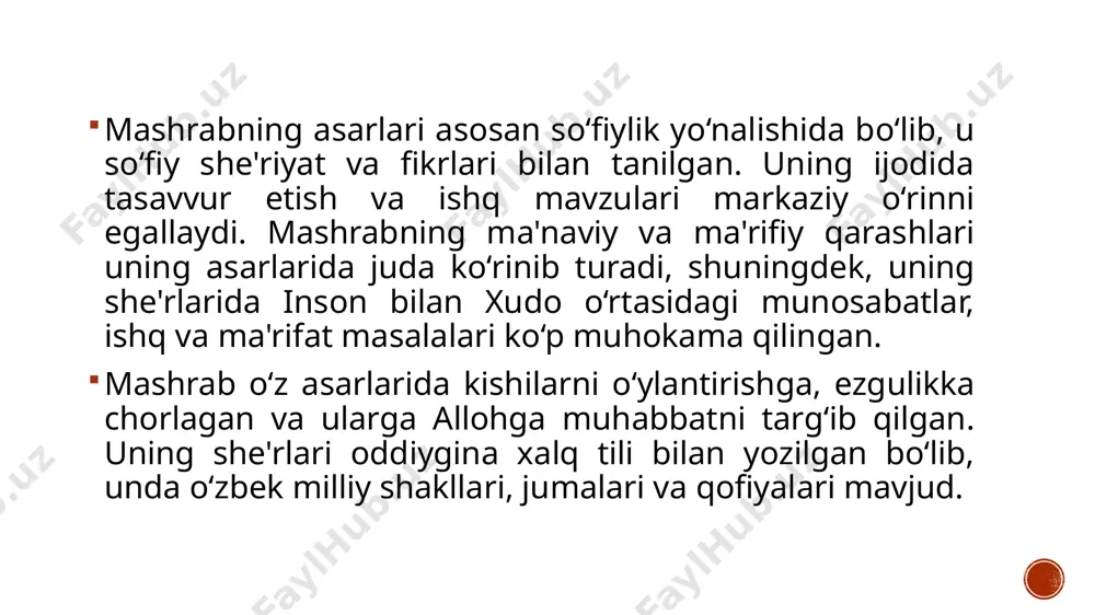 ing ijtimoiy mavzularga ham murojaat etgan. uning ijodida adolatsizlikka qarshi kurash, kambag‘allik va noto‘g‘ri ijtimoiy holatlar kabi mavzular aks etgan. u o‘z asarlarida o‘sha davrning ijtimoiy ahvoli va insonlar o‘rtasidagi munosabatlar bilan bog‘liq muammolarni kritik tarzda e'tirof etgan. , mashrab o‘z asarlarida bir qator raqamlarni ham ishlatgan bo‘lib, ular adabiyotda ramziy ma'no kasb etadi. masalan, uning she'rlarida 40 raqami ezgulik bilan bog‘liq ramz sifatida ko‘riladi. bunda 40 kunlik tarki dunyo (chilla) davri insonning ma'naviy tozalanishi uchun muhim sanaladi. qisqacha qilib aytganda, mashrabning lirikasi o‘zbek adabiyotida g‘oyat katta ahamiyatga ega. uning asarlari falsafa, tasavvuf, ijtimoiy mehr va muhabbat mavzularini qamrab olib, o‘zbek madaniyati va adabiyotiga bebaho hissa qo‘shgan. mashrabning ijodi katta ma'naviy boylik manbai bo‘lib, u zamonaviy insonlar uchun ham ilhom manbaiga aylangan desak yanglishmaymiz. uning ijodiyozliklari hozirda ham turli tadqiqot va adabiy ishlar uchun nazariy manba sifatida xizmat qilmoqda. , mashrab she'riyatida muhabbat mavzusi ulug‘ shoir boboraxim mashrabning ijodiyotida muhim …
